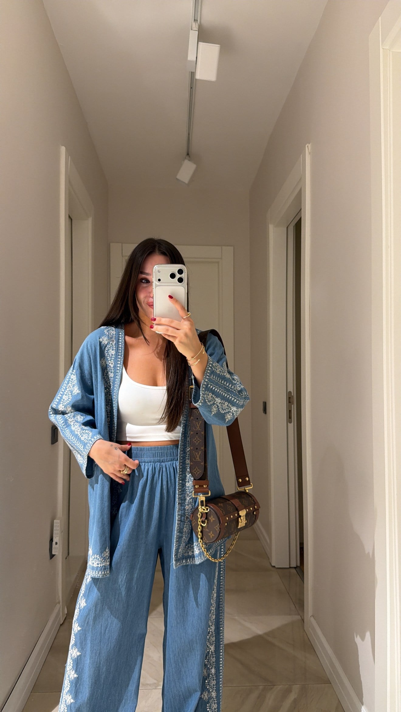 Mavi Pul İşleme Detaylı Denim Kimono 