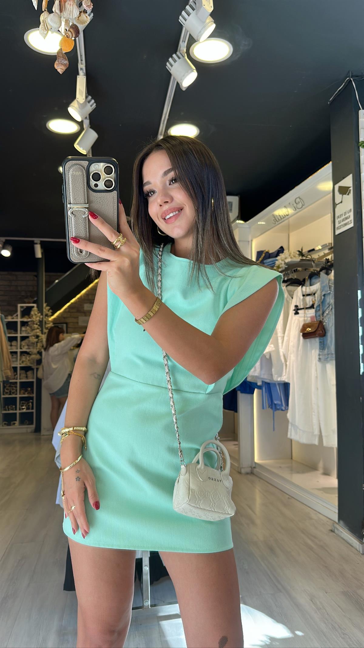 Mint Yeşili Omuz Detaylı Keten Elbise 