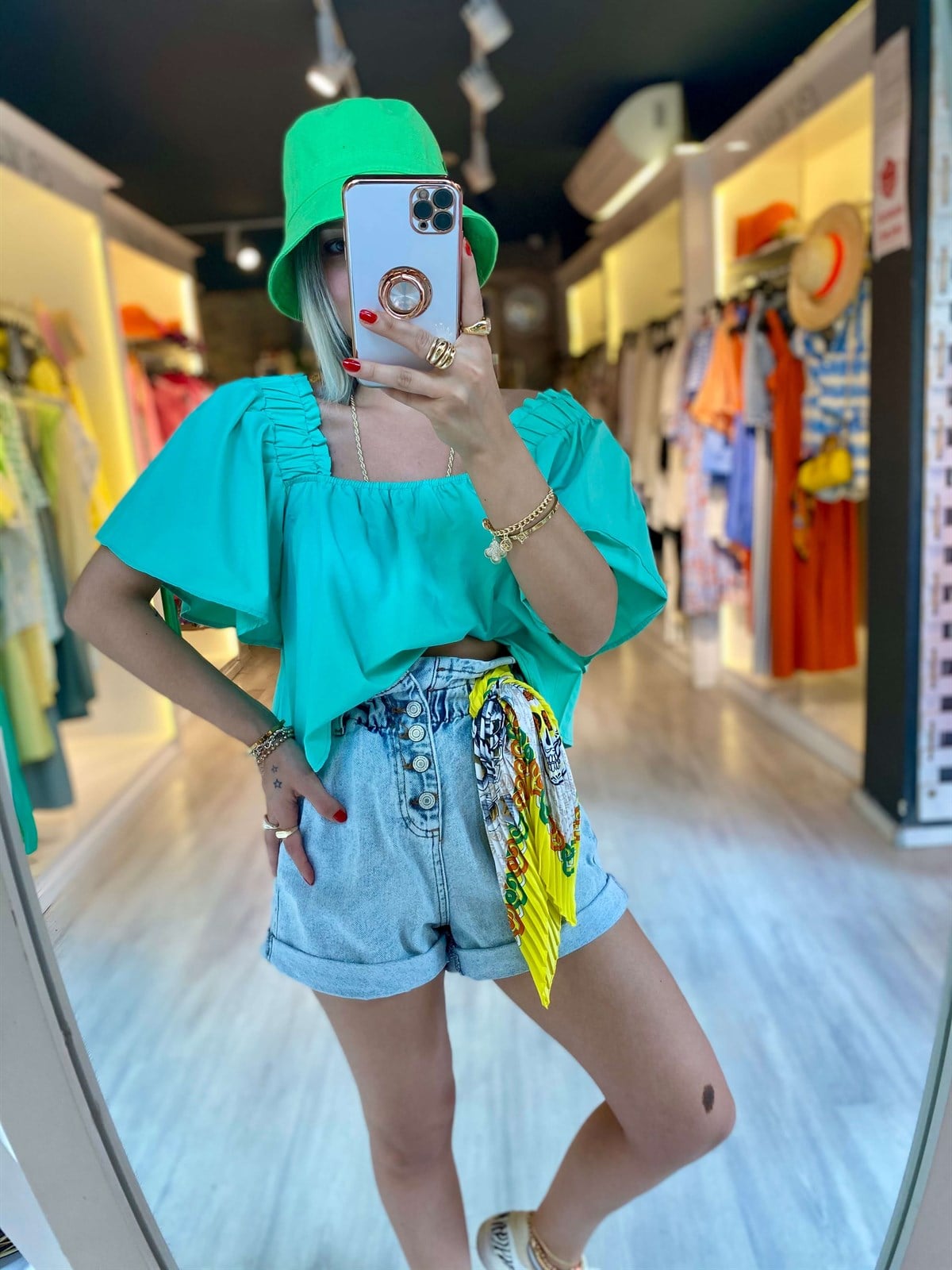 Mint Yeşili Omuz Lastikli Poplin Bluz 