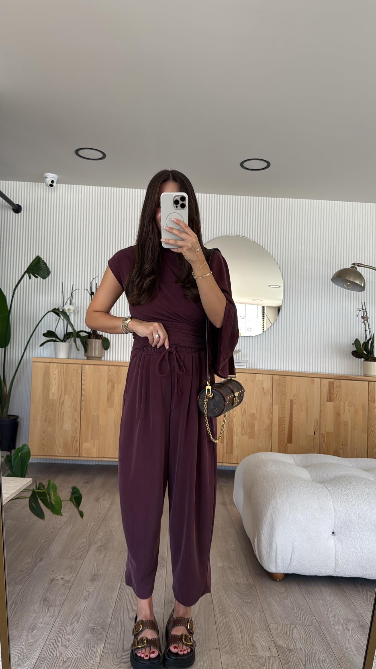 Mürdüm Asimetrik Drapeli Şalvar Pantolon Takım