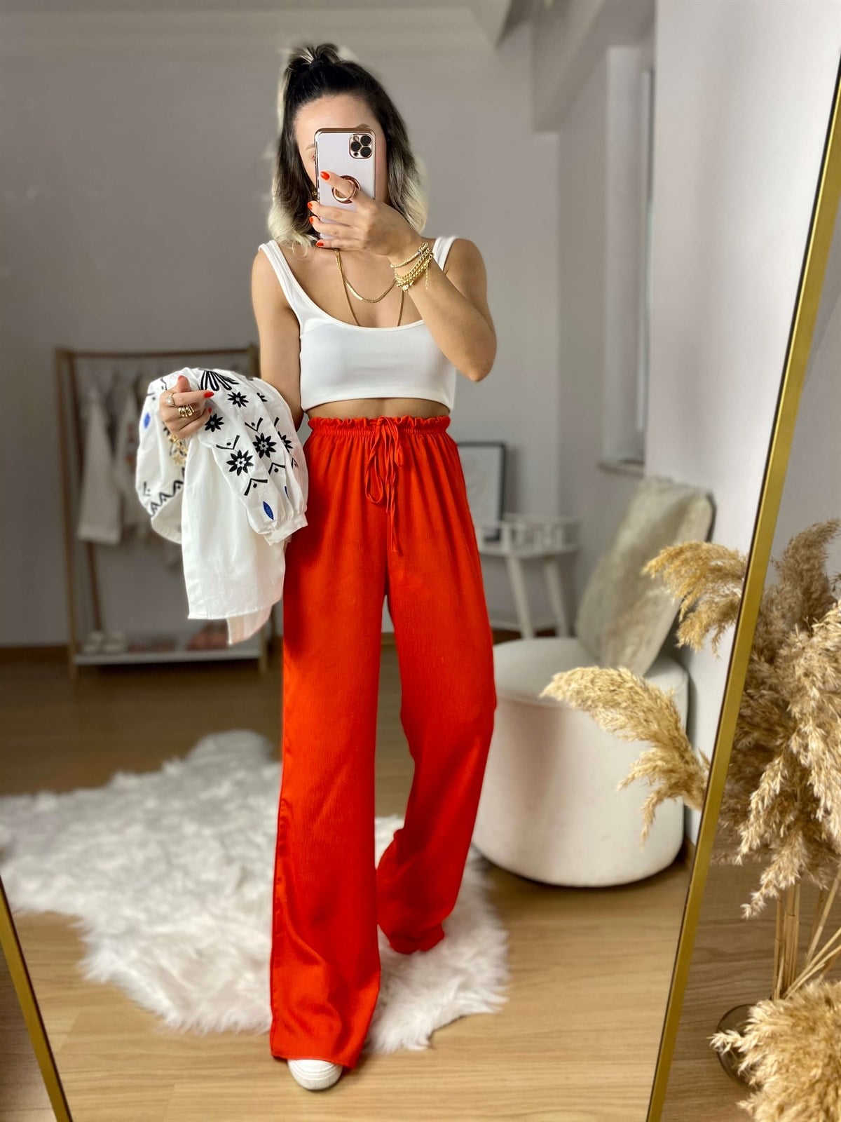 Nar Çiçeği Beli Lastikli Bol Pantolon