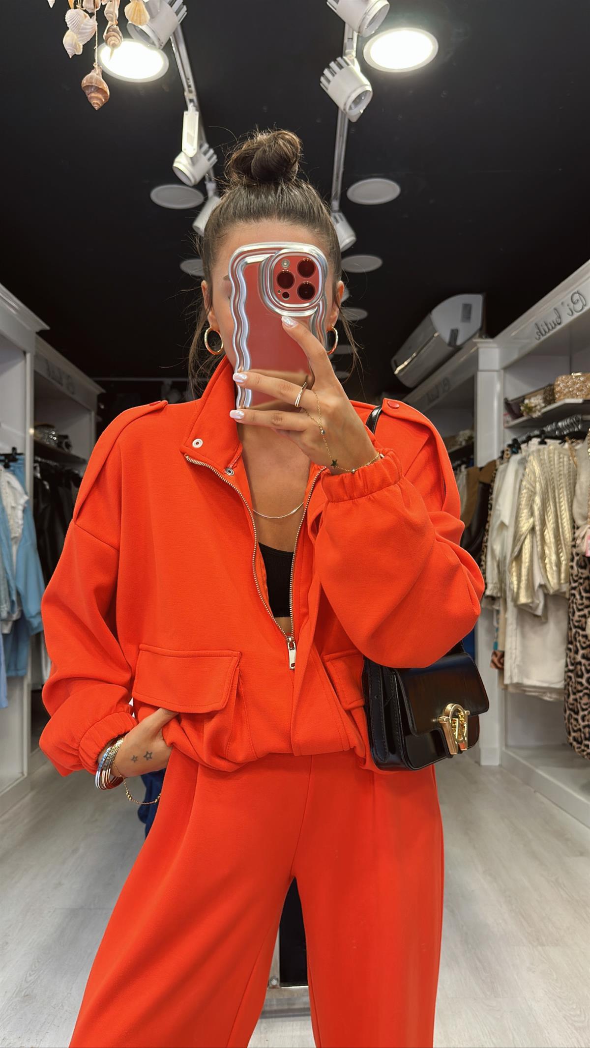 Nar Çiçeği Ön Cep Detaylı Fermuarlı Lastikli Ceket 