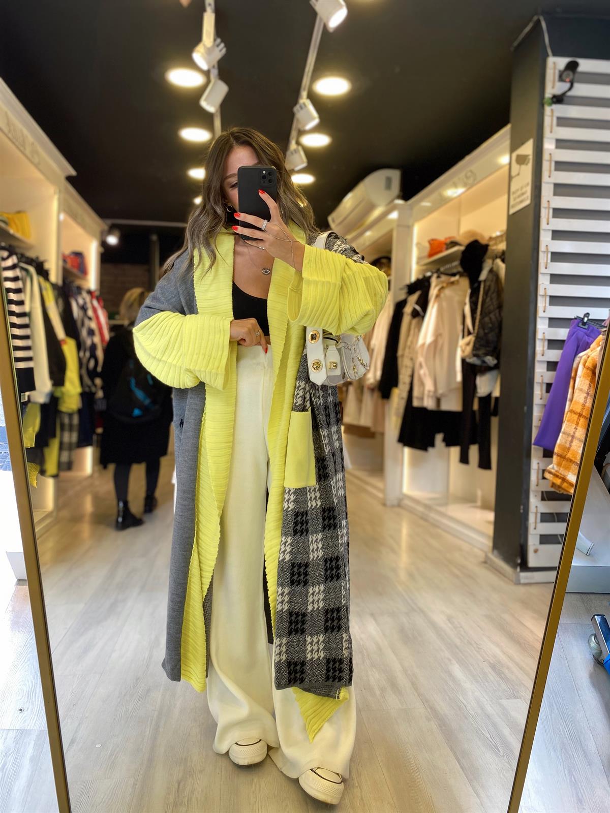 Neon Yeşil Gri İşlemeli Salaş Hırka 