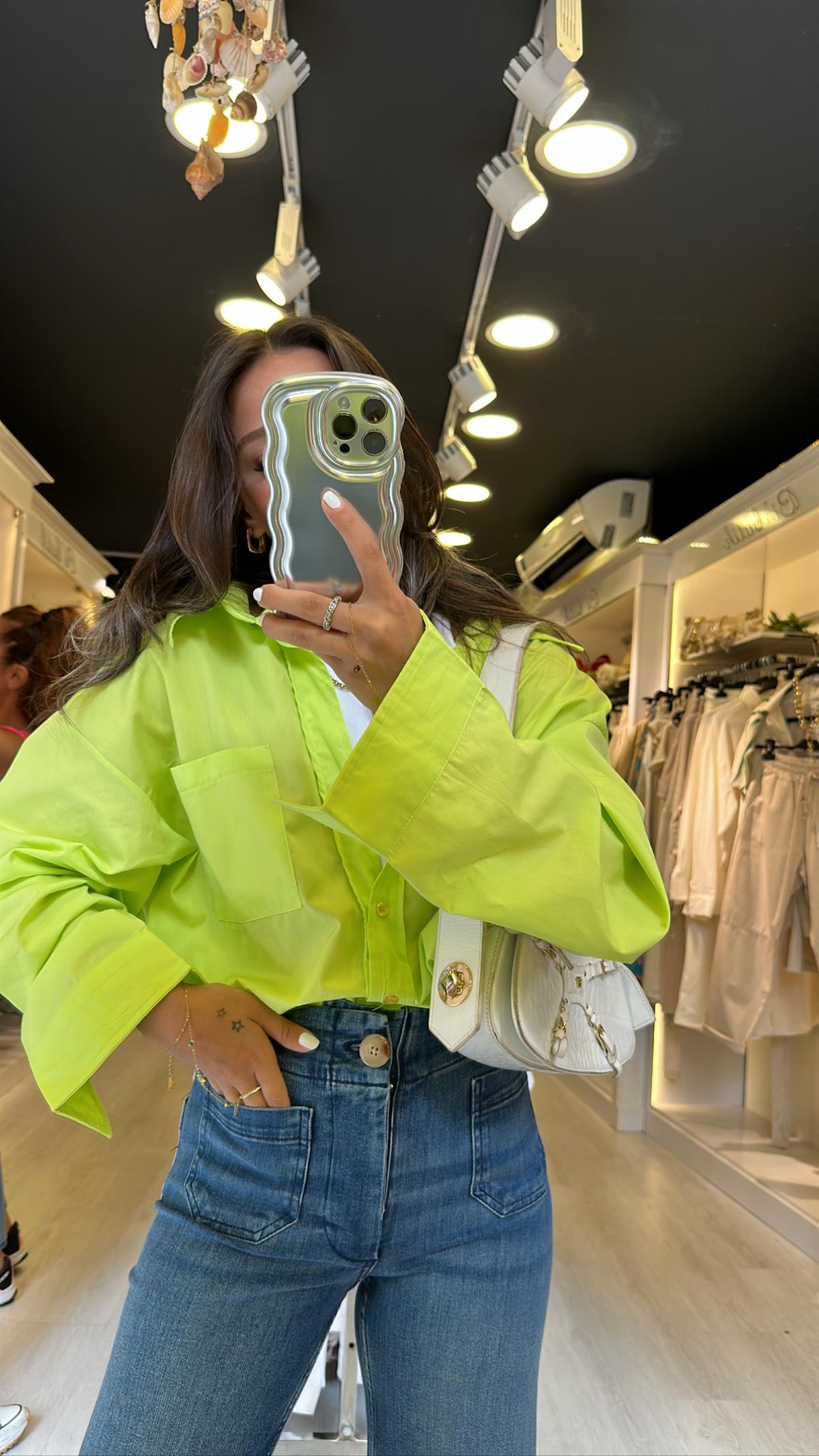 Neon Yeşil Kendinden Atletli Oversize Gömlek 