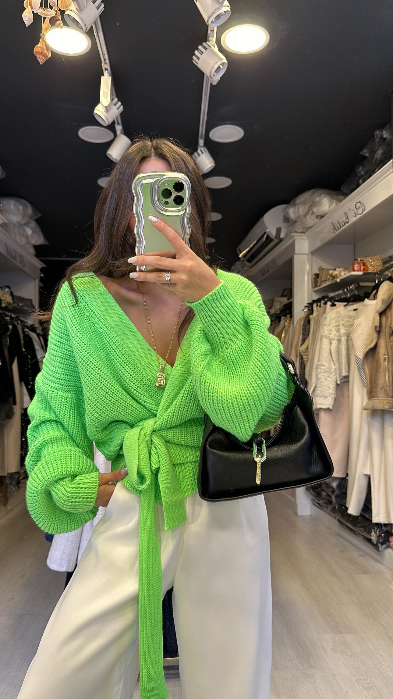 Neon Yeşil Kruvaze Yaka Bağlamalı Hırka
