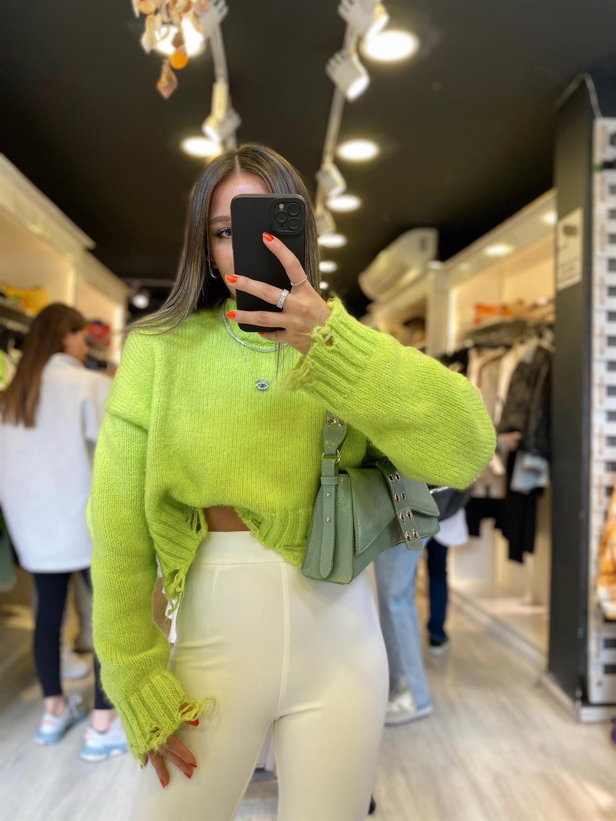 Neon Yeşil Yırtıklı Crop Kazak 