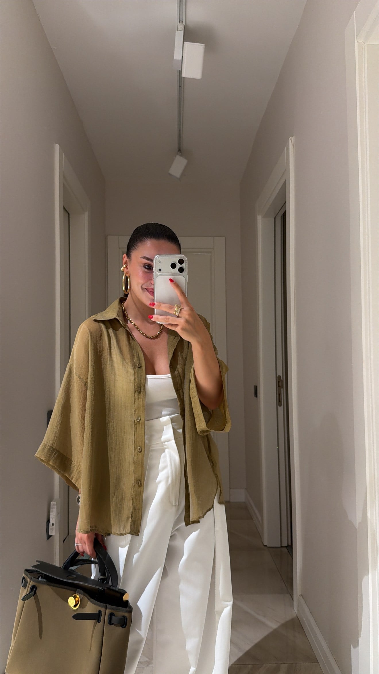 Olive Kısa Kol Oversize Tensel Gömlek