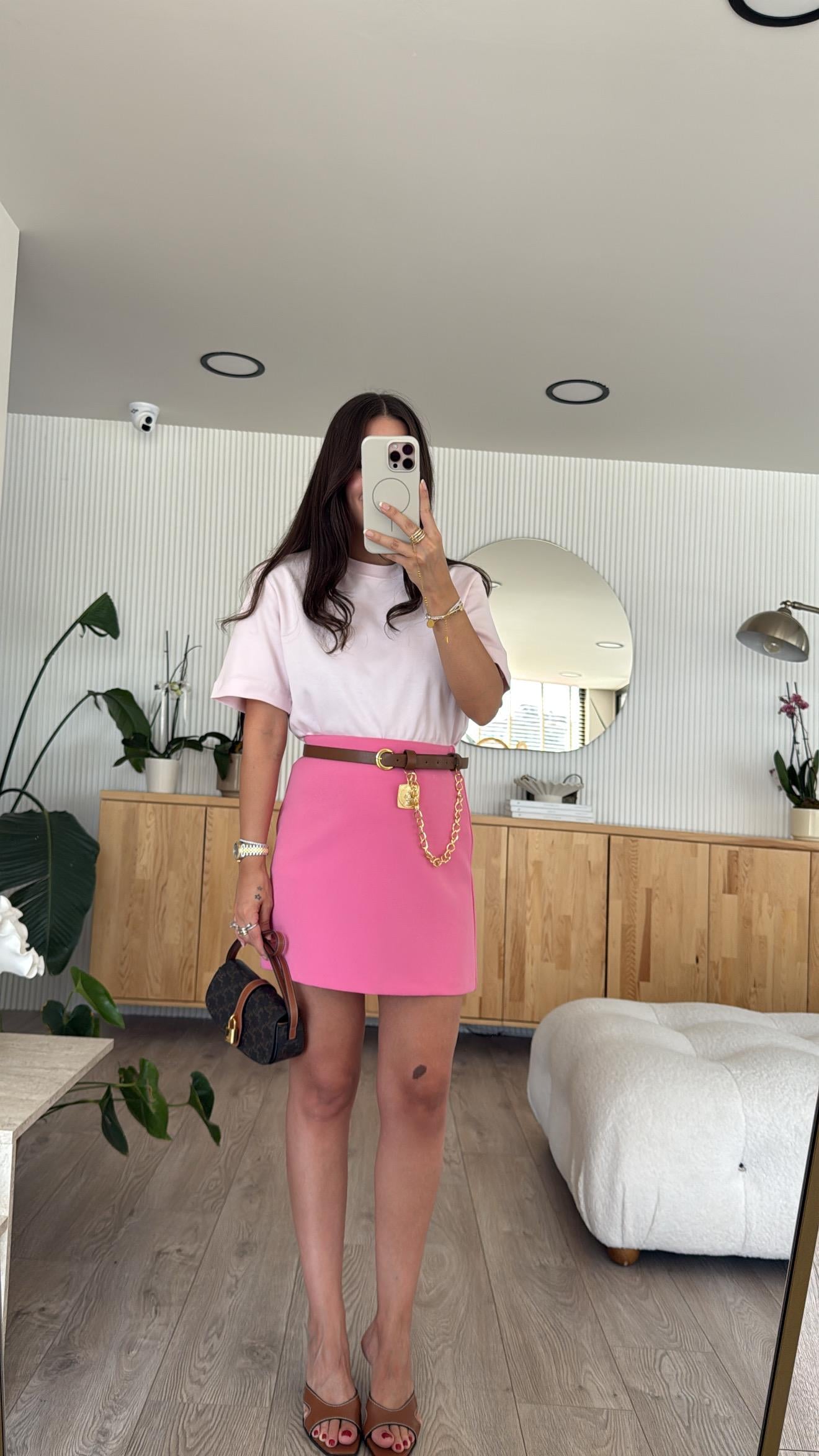 Pembe Arka Pens Detaylı Fermuarlı Etek