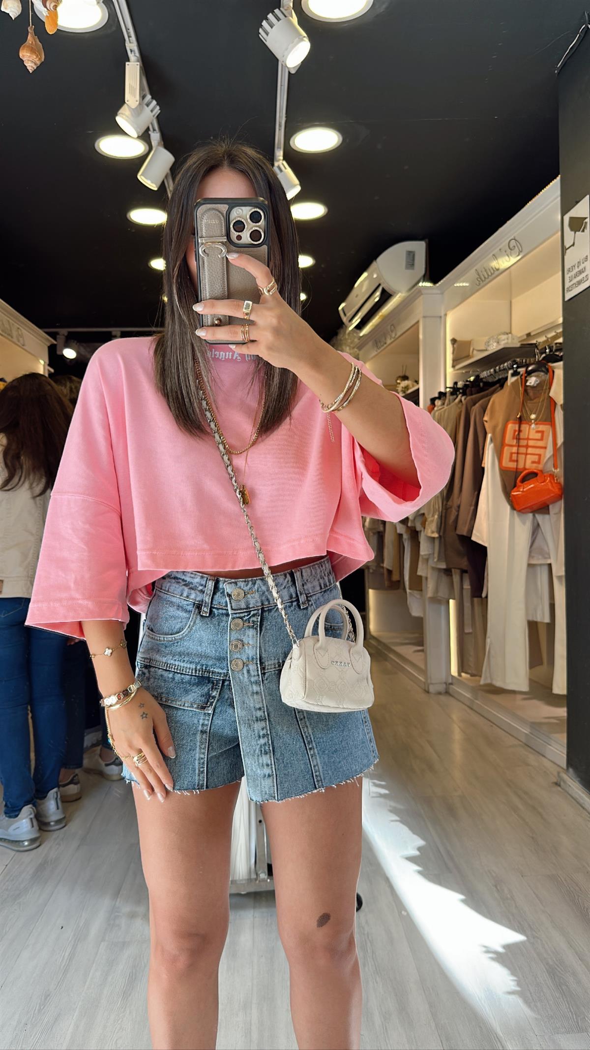 Pembe Baby Angels Taşlı Crop Tshirt