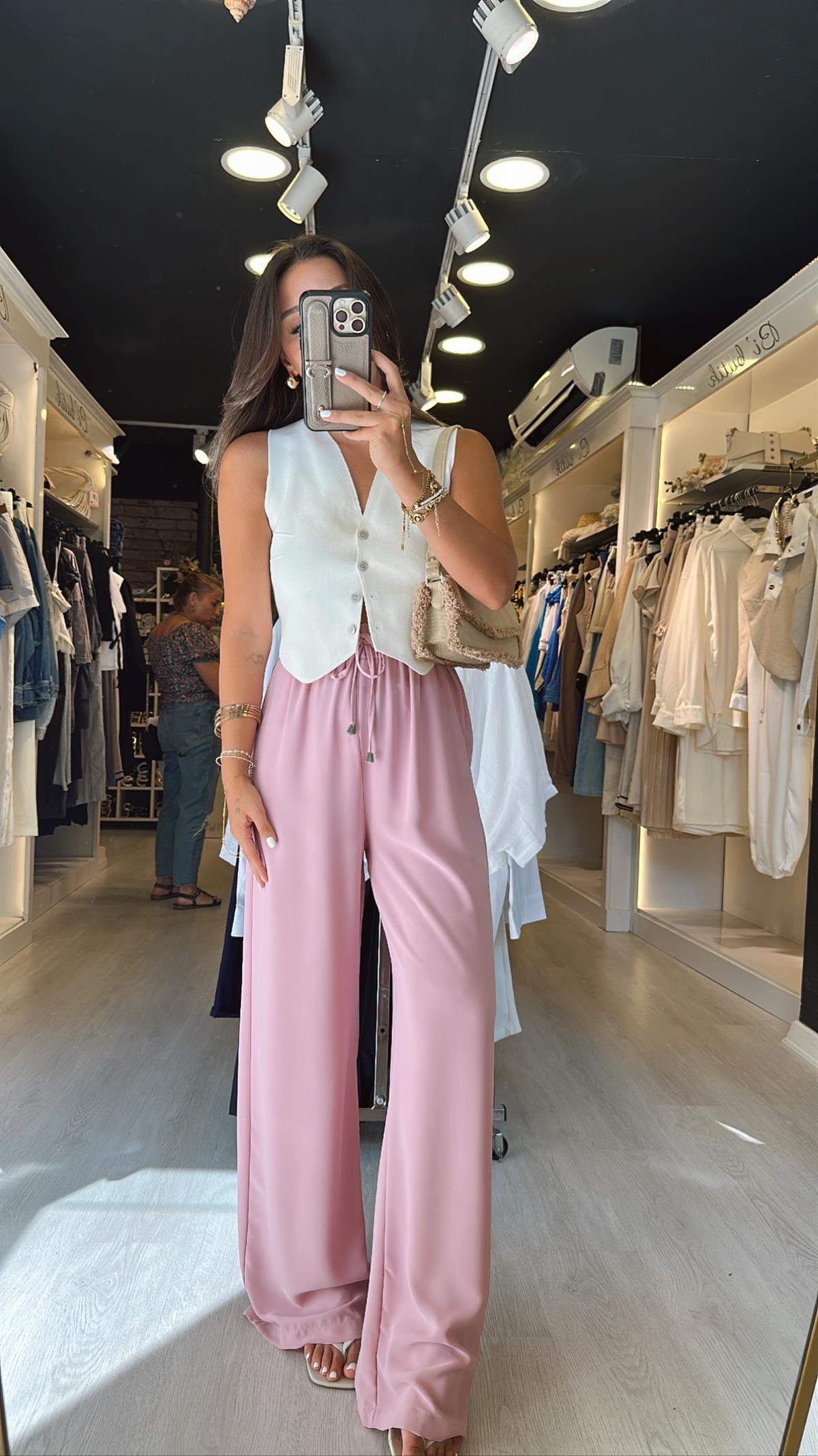 Pembe Bel Lastikli Saten Bol Pantolon