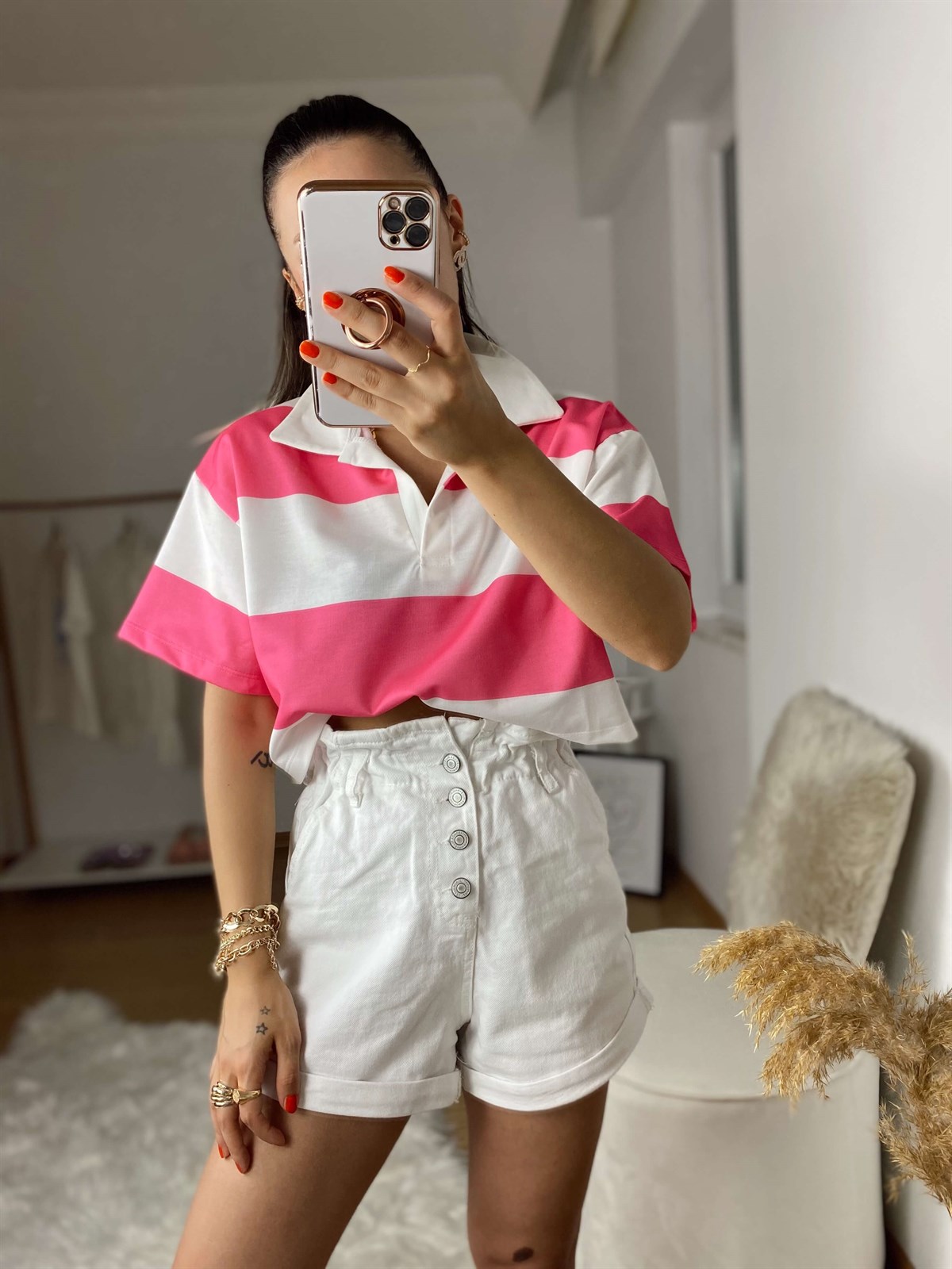 Pembe Beyaz Gömlek Yaka Tshirt