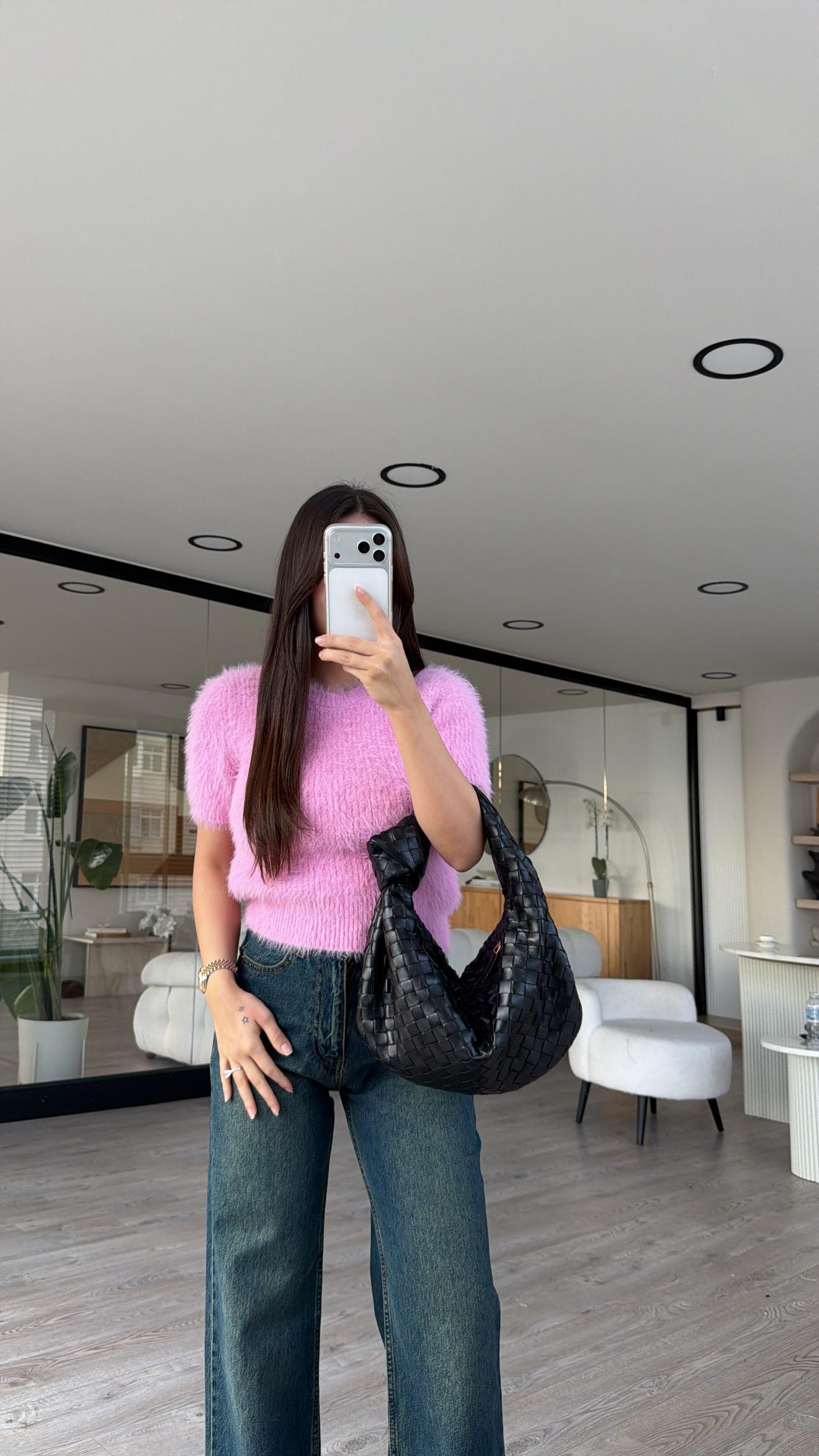 Pembe Bisiklet Yaka Kısa Kol Saçaklı Dilvin Kazak 