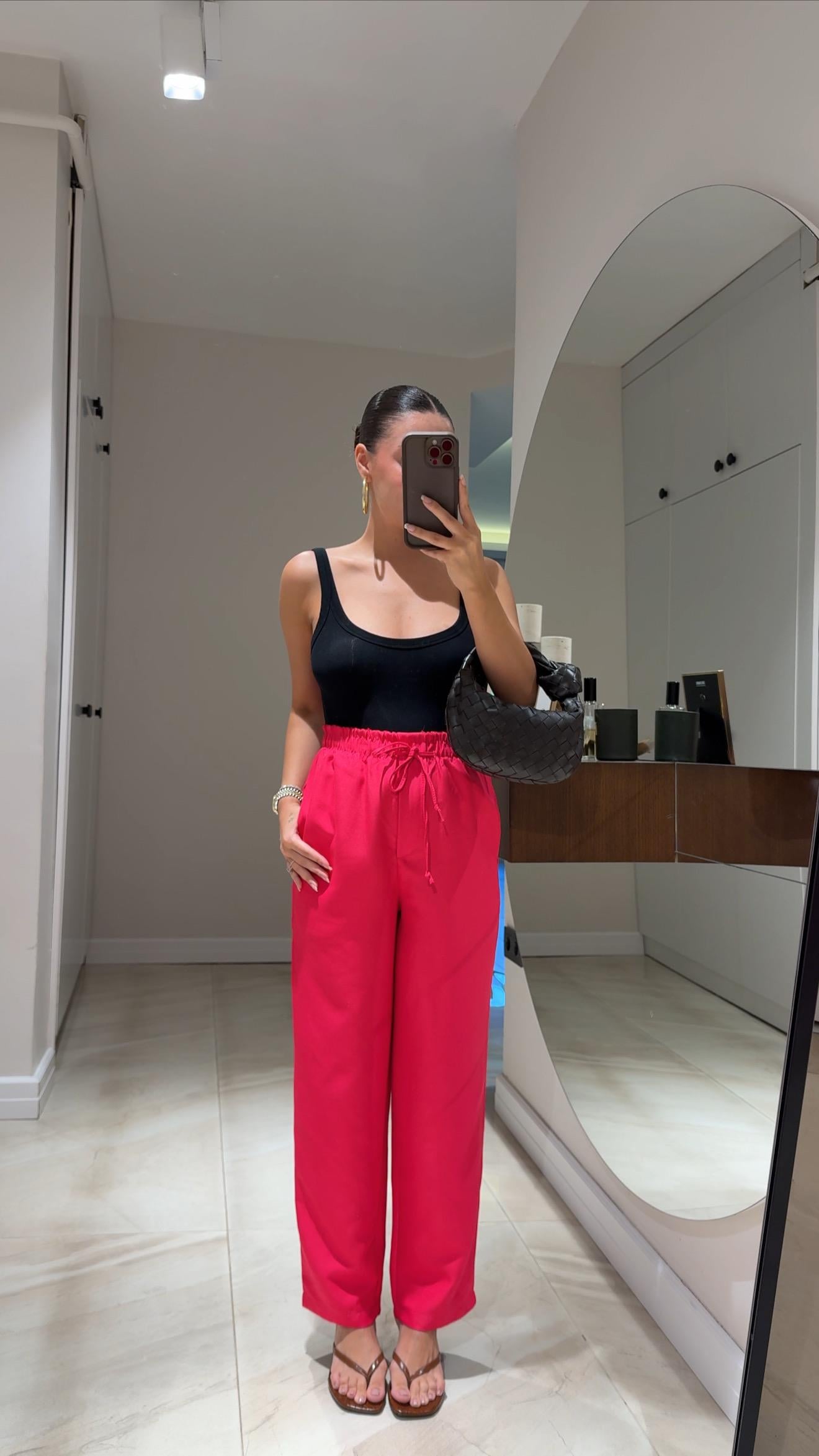 Pembe Düz Paça Bel Lastikli Pantolon