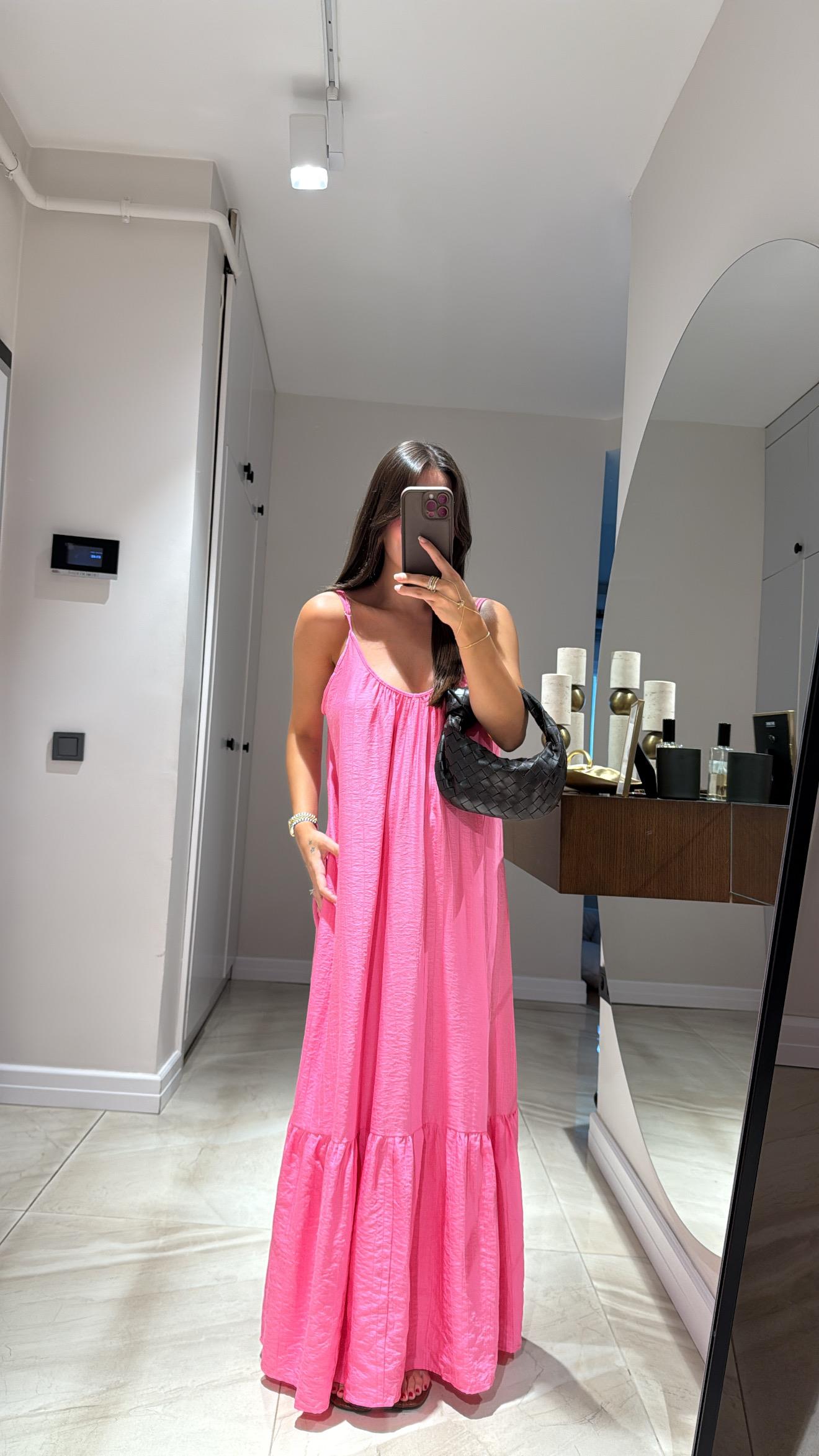 Pembe İp Askılı Bol Kesim Elbise