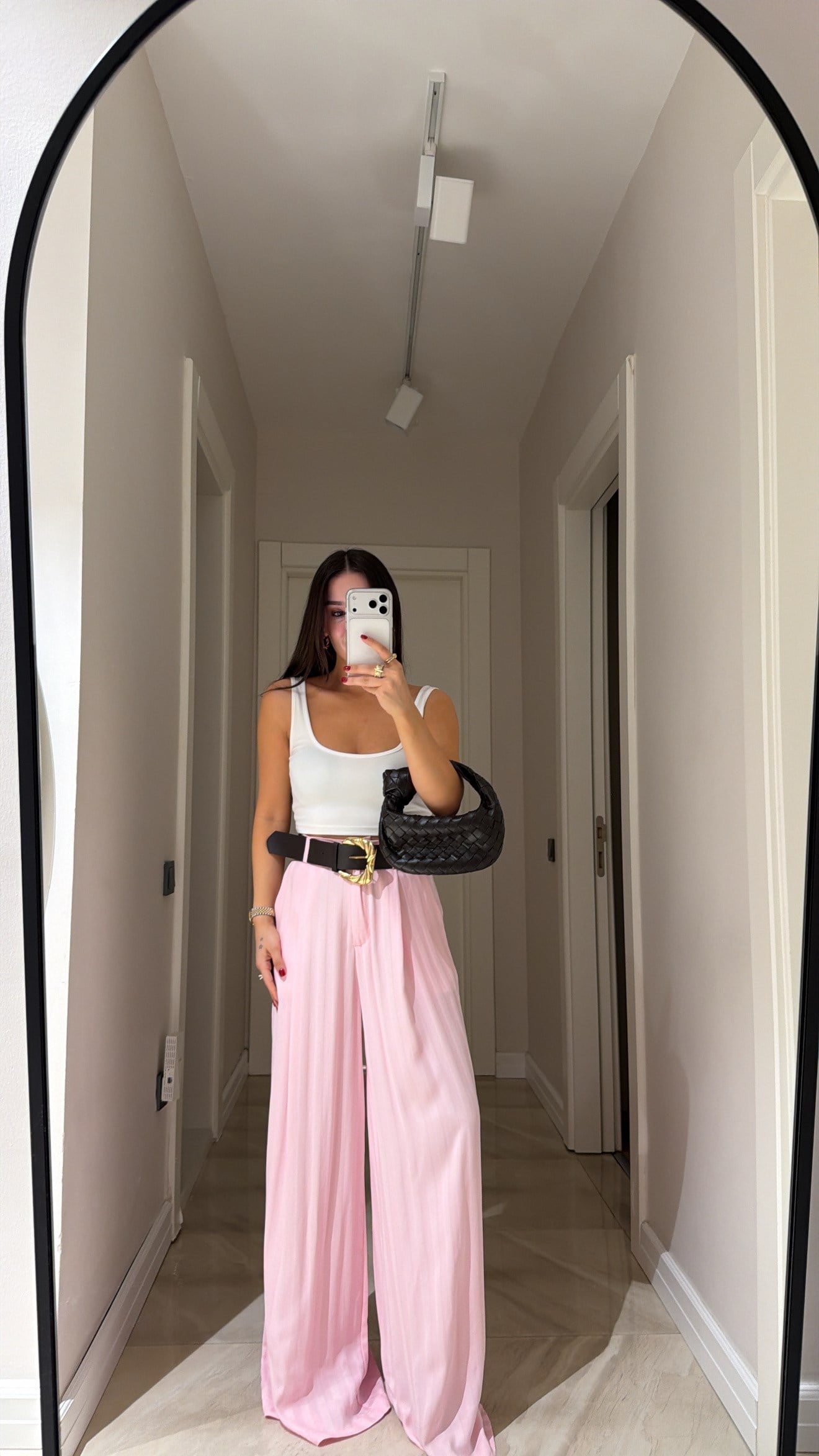 Pembe Kendinden Çizgili Kemerli Palazzo Pantolon