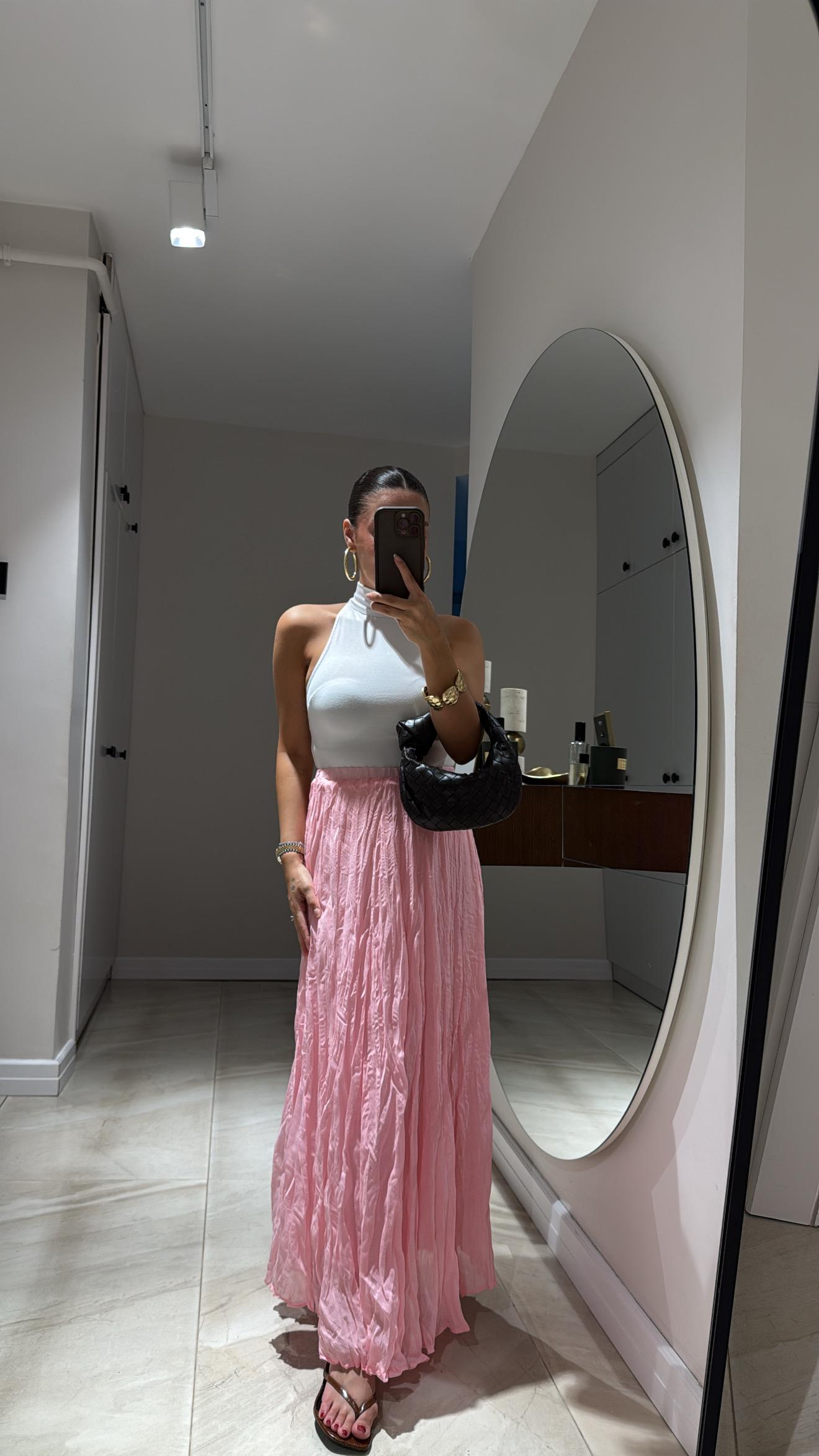 Pembe Kendinden Kırışık Uzun Etek 