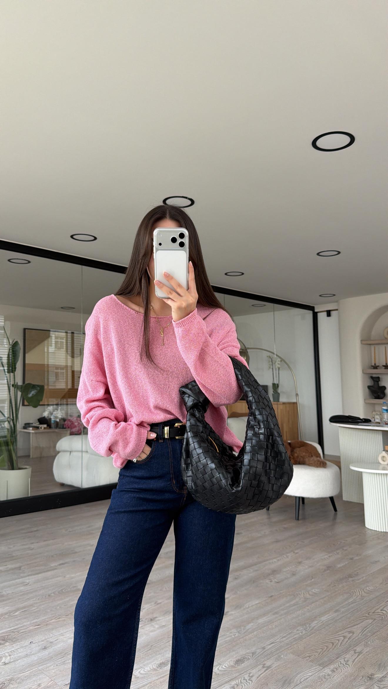 Pembe Kendinden Yakalı Triko Kazak