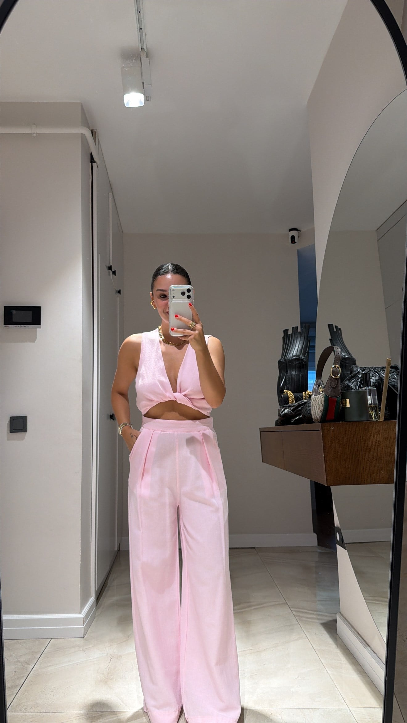 Pembe Ön Bağlamalı Keten Crop Takım