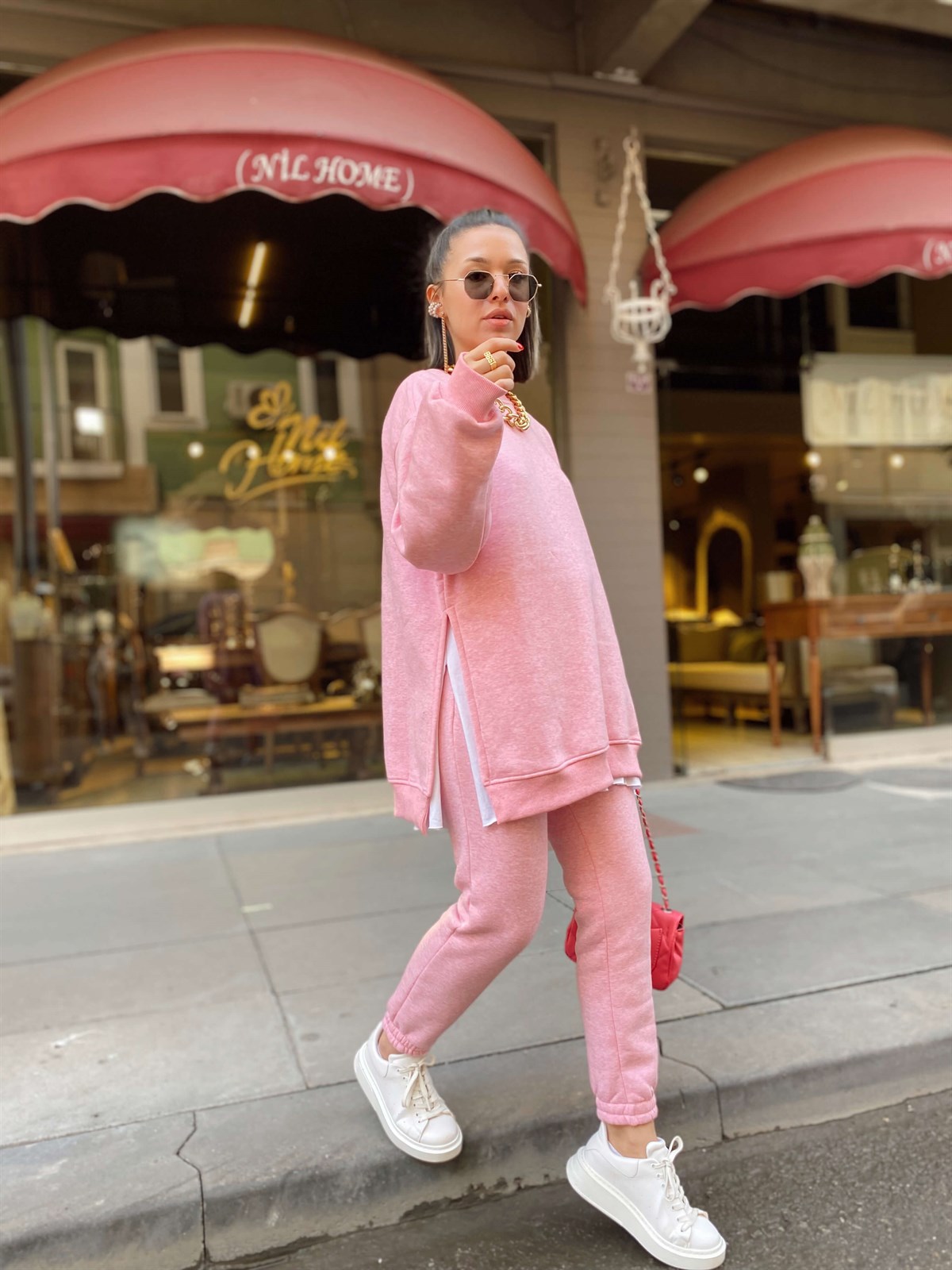 Pembe Paça Lastikli Şardonlu Eşofman