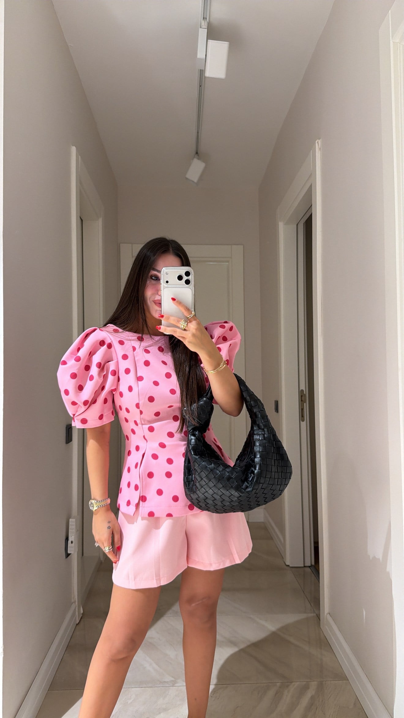Pembe Puantiyeli Balon Kol Bluz