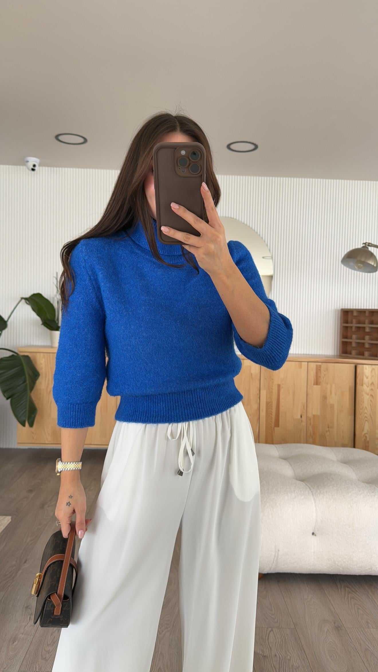 Saks Mavi Balıkçı Yaka Fakir Kol Dilvin Crop Kazak 