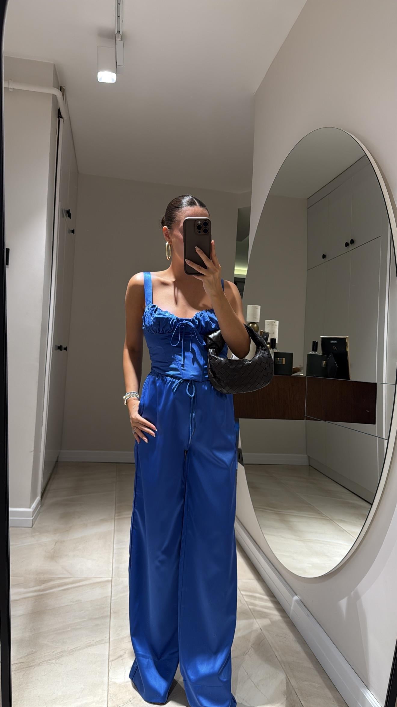 Saks Mavi Bol Paça Saten Pantolon