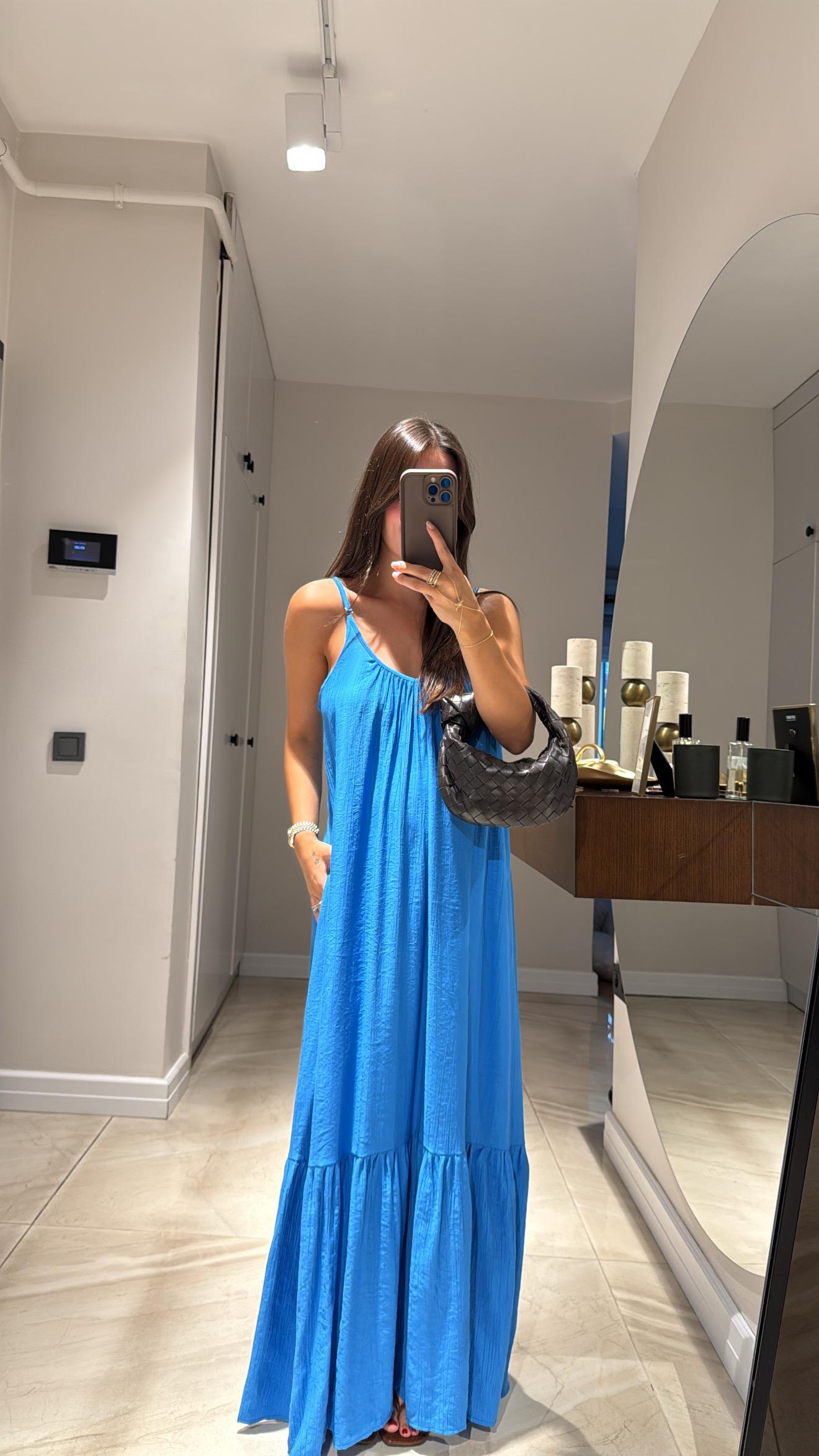 Saks Mavi İp Askılı Bol Kesim Elbise
