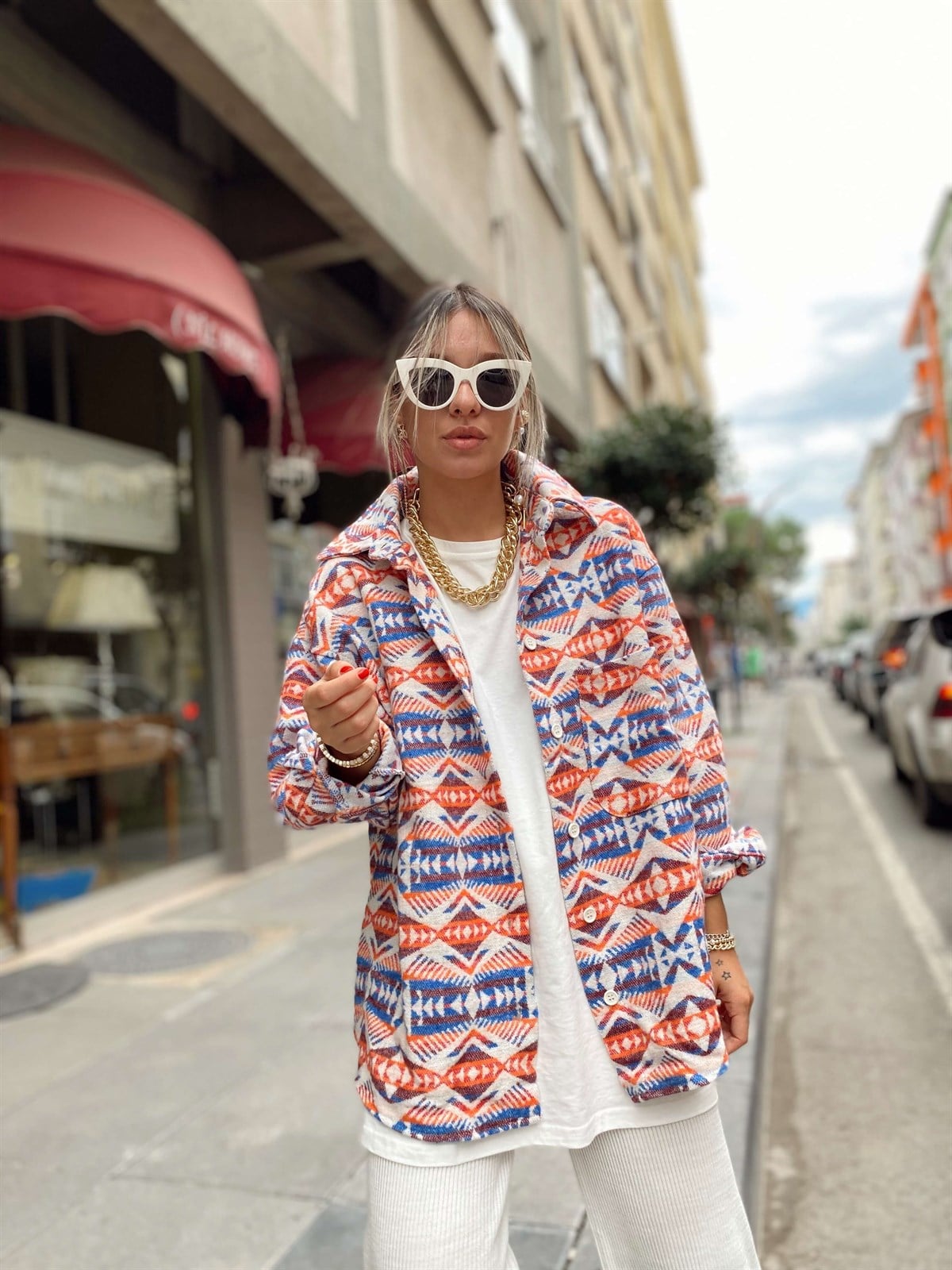 Saks Oranj Kilim Desenli Oversize Gömlek