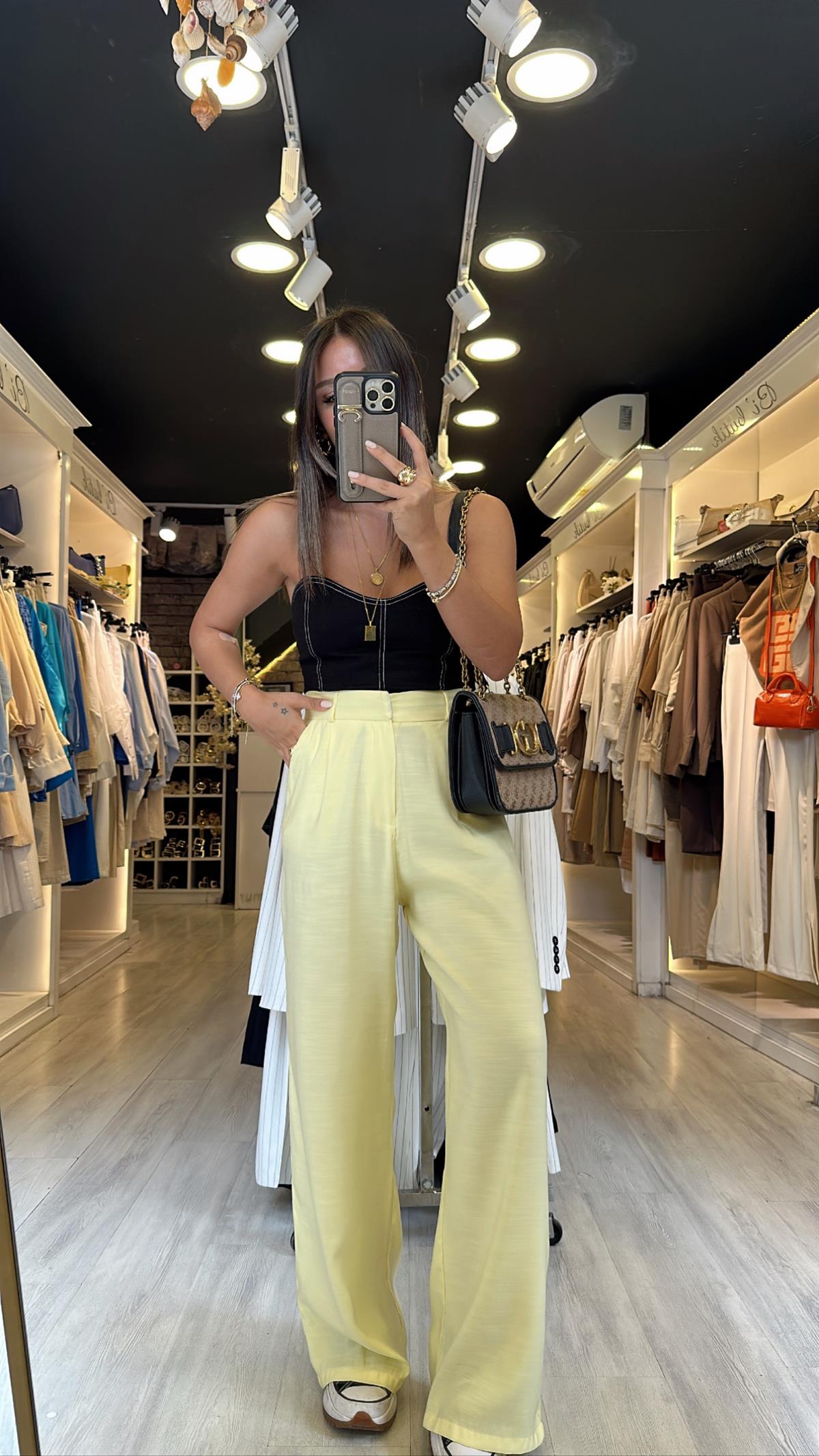 Sarı Maskülen Keten Bol Paça Pantolon