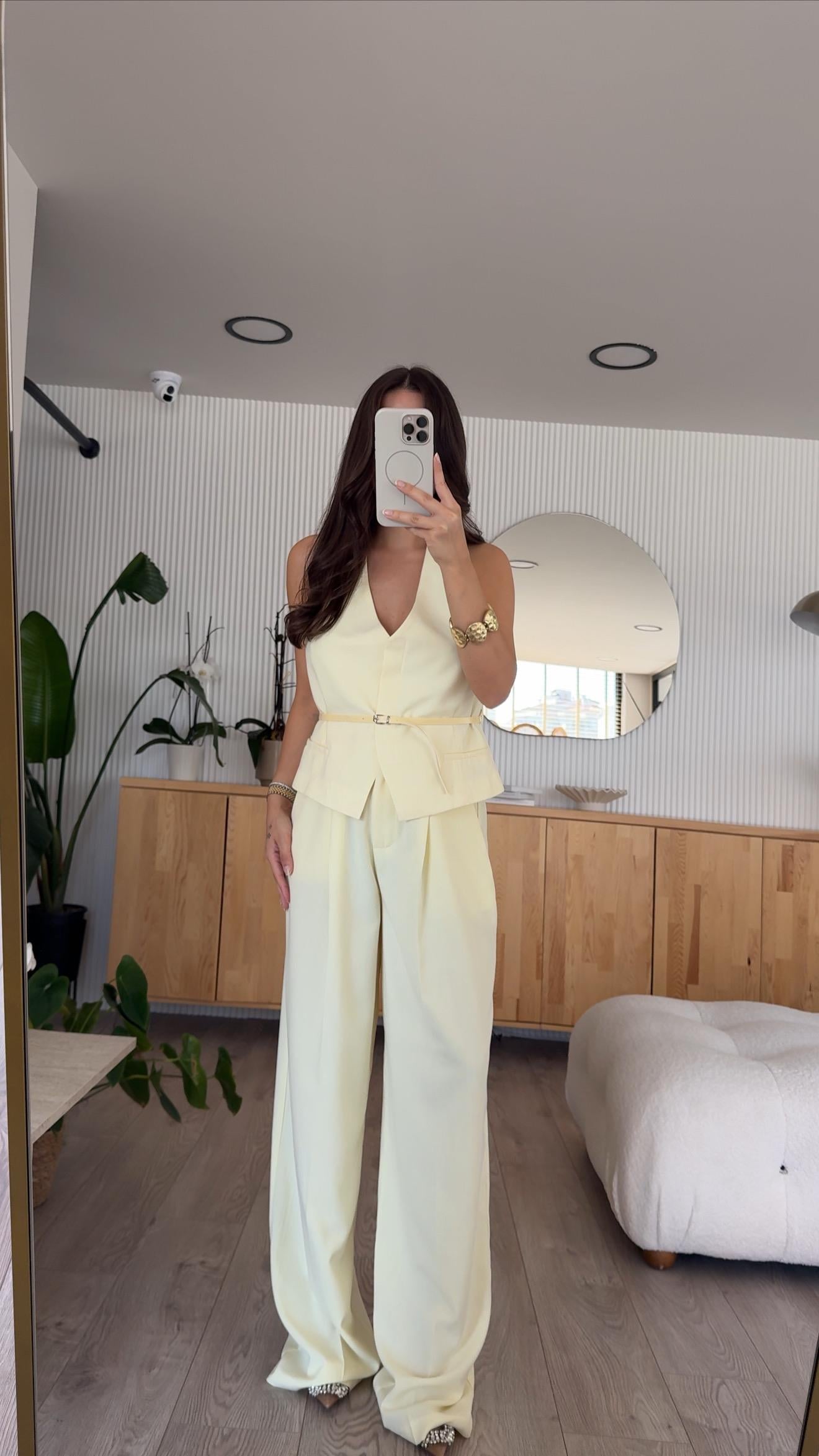Sarı Ön Pileli Palazzo Pantolon