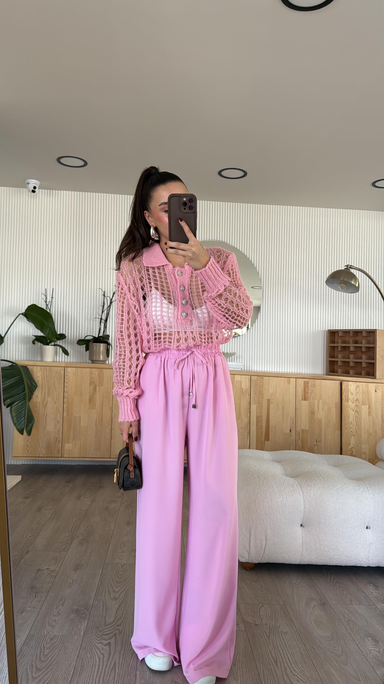 Şeker Pembe Bel Lastikli Saten Bol Pantolon