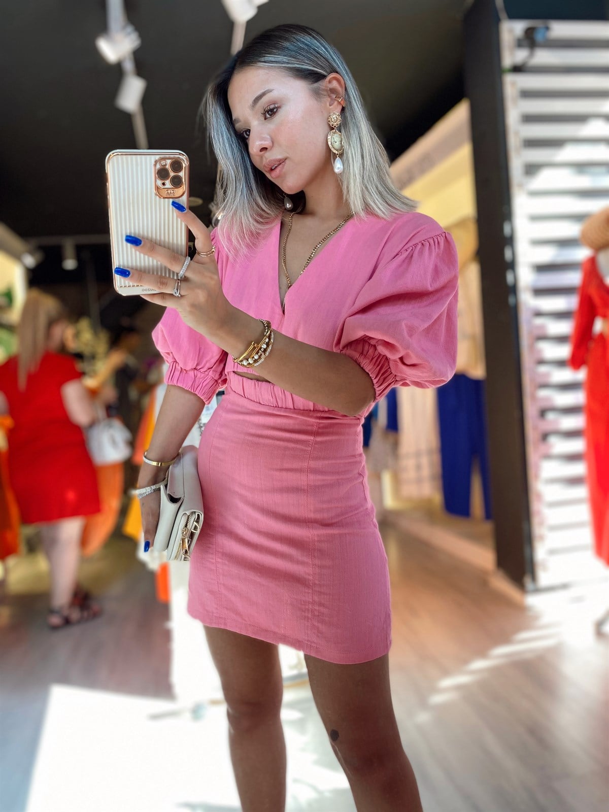 Şeker Pembe Bel Ve Sırt Detaylı Balon Kol Keten Elbise 
