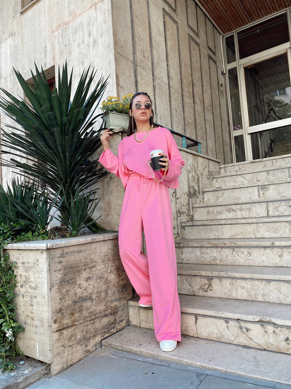 Şeker Pembe Double Yüksek Bel Bol Paça Pantolon