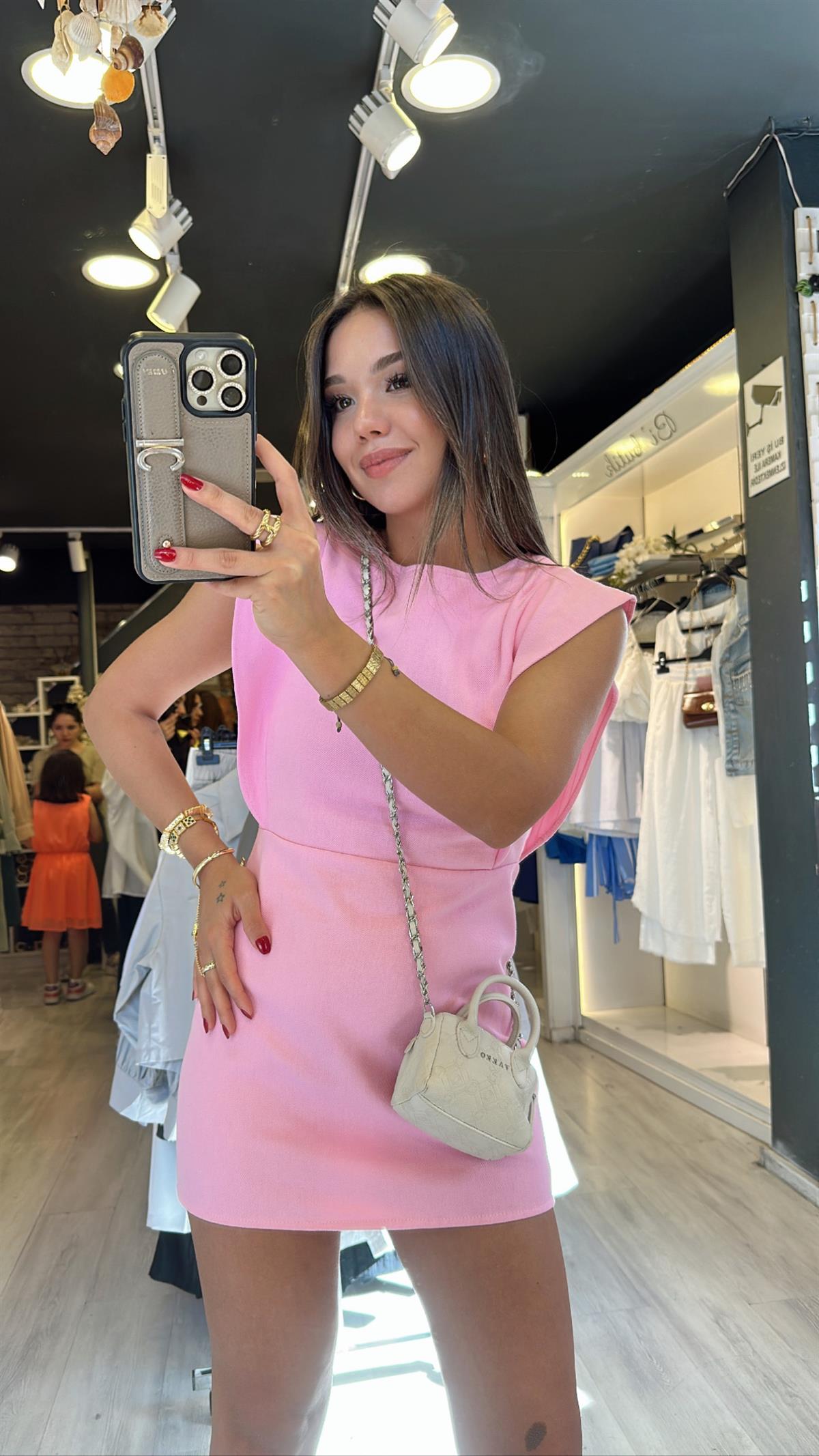 Şeker Pembe Omuz Detaylı Keten Elbise 