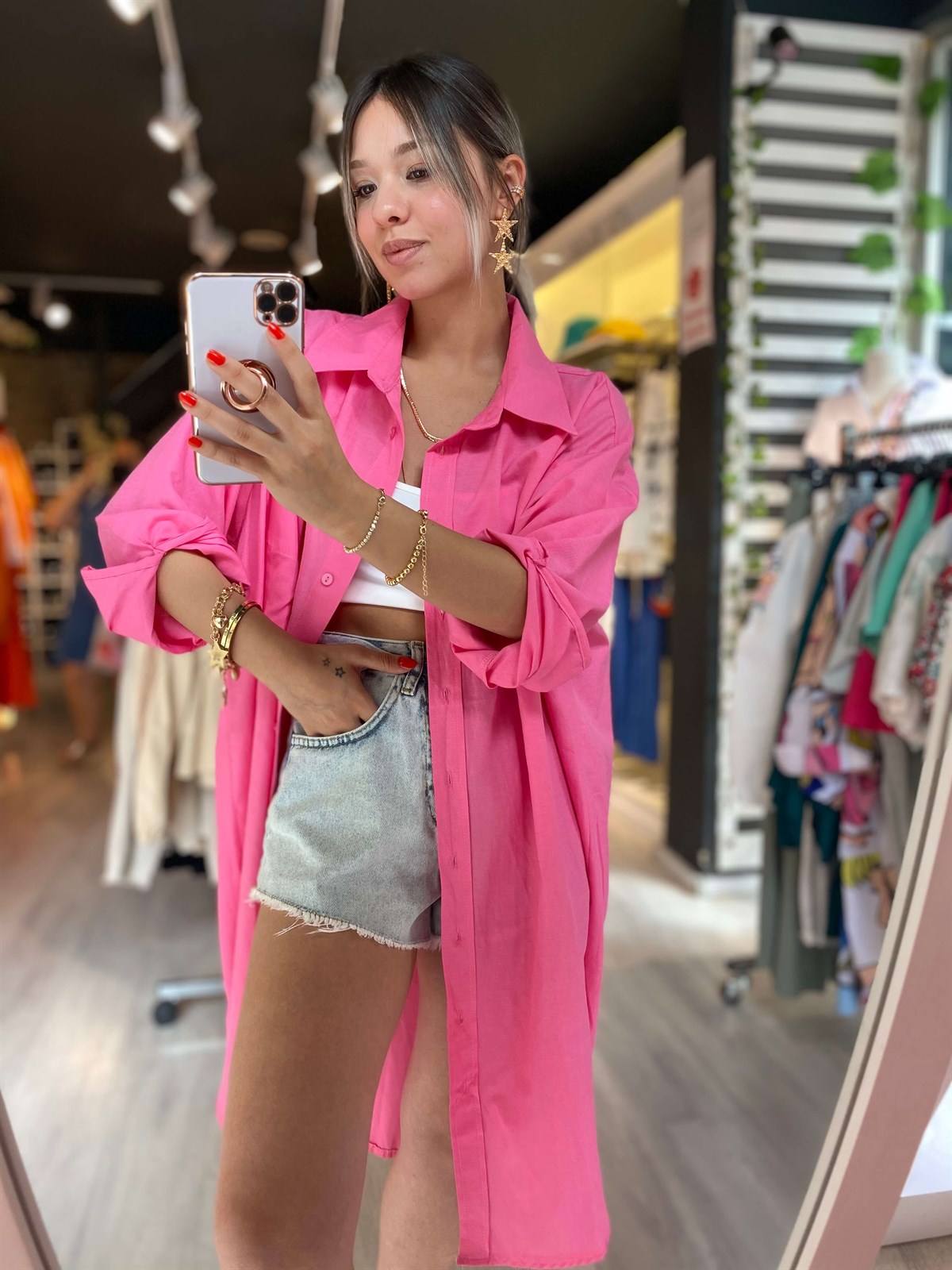 Şeker Pembe Tek Cepli Uzun Oversize Gömek