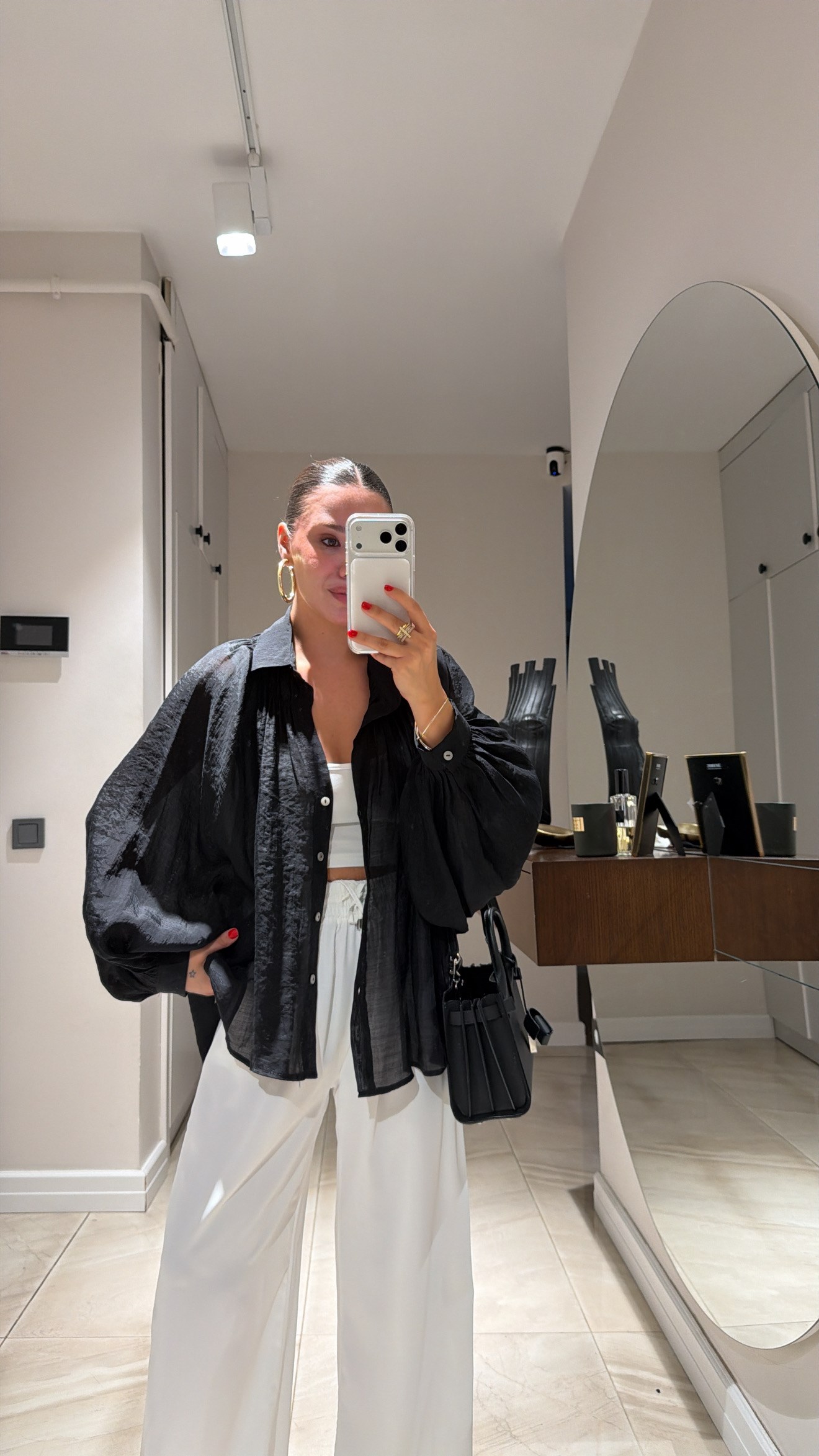 Siyah Balon Kol Oversize Tensel Gömlek