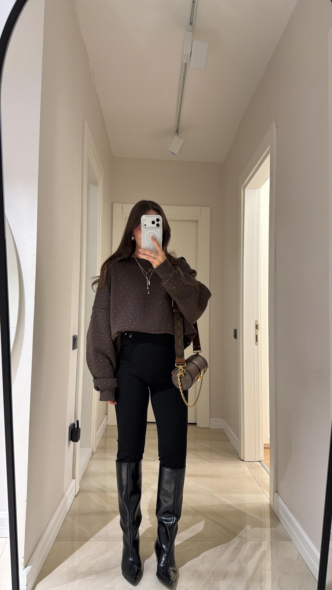 Siyah Bel Gold Düğmeli Çelik Tayt