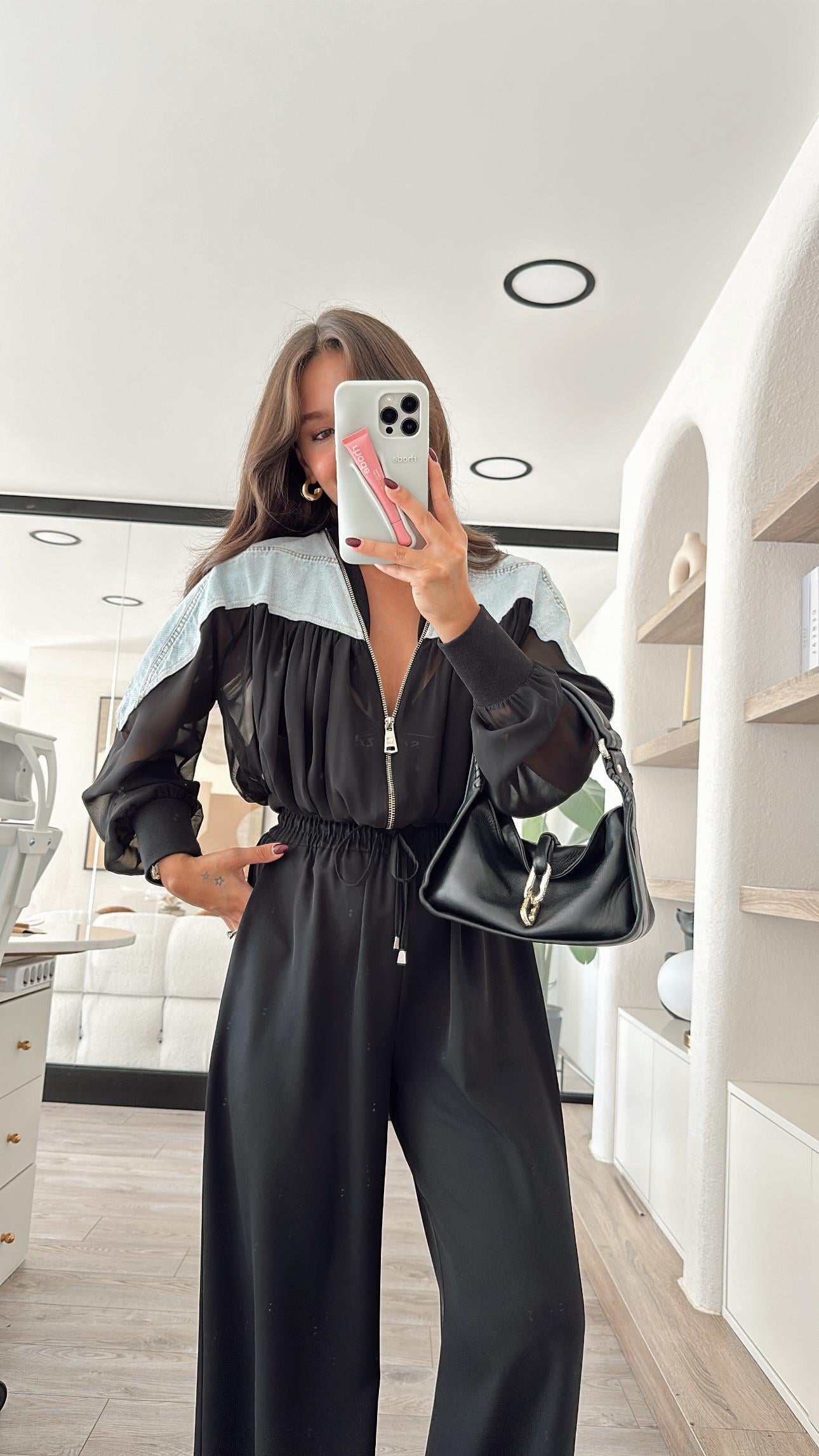 Siyah Jean Detaylı Tül Crop Ceket