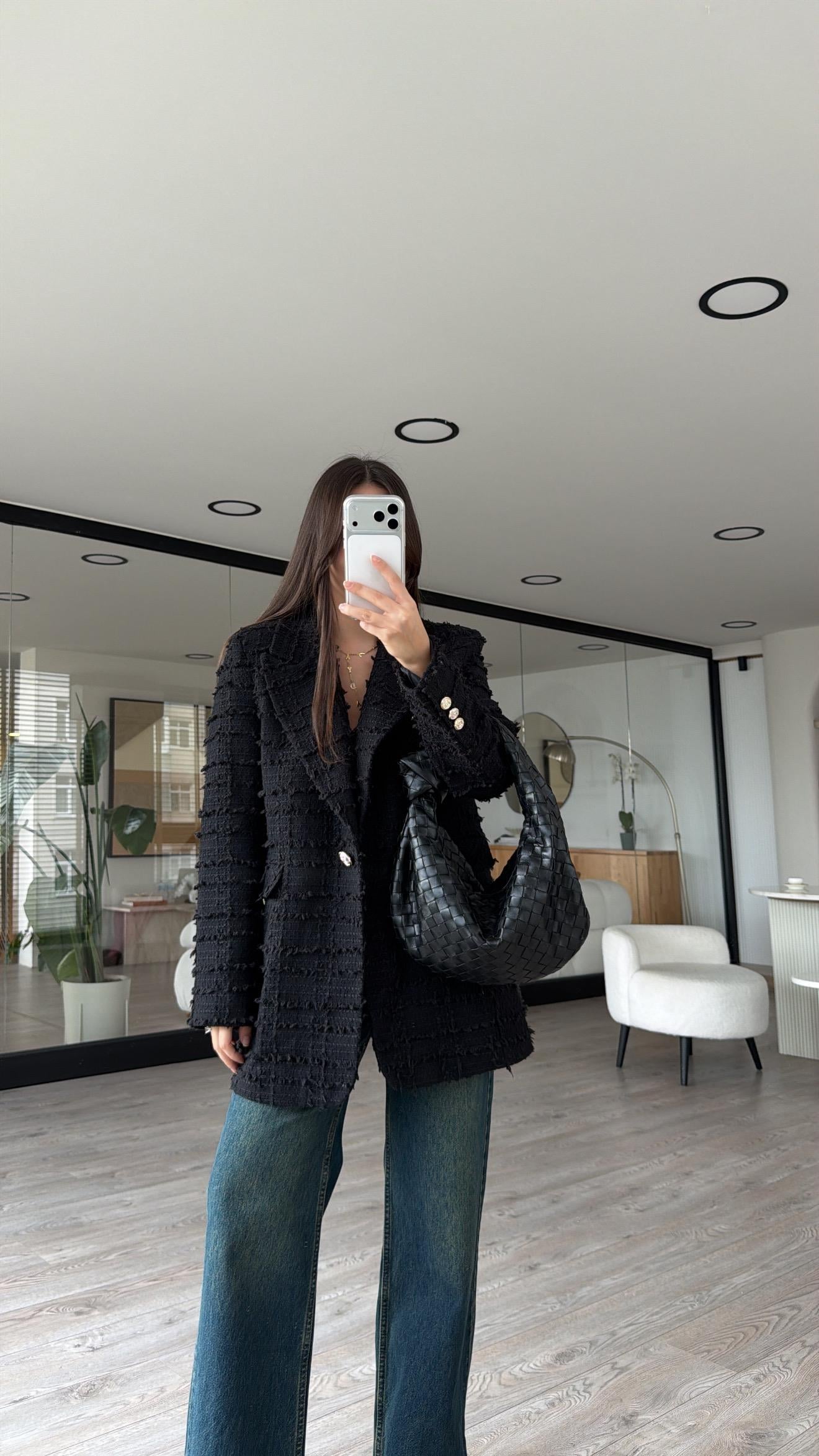 Siyah Kruvaze Yaka Tüvit Blazer Ceket 