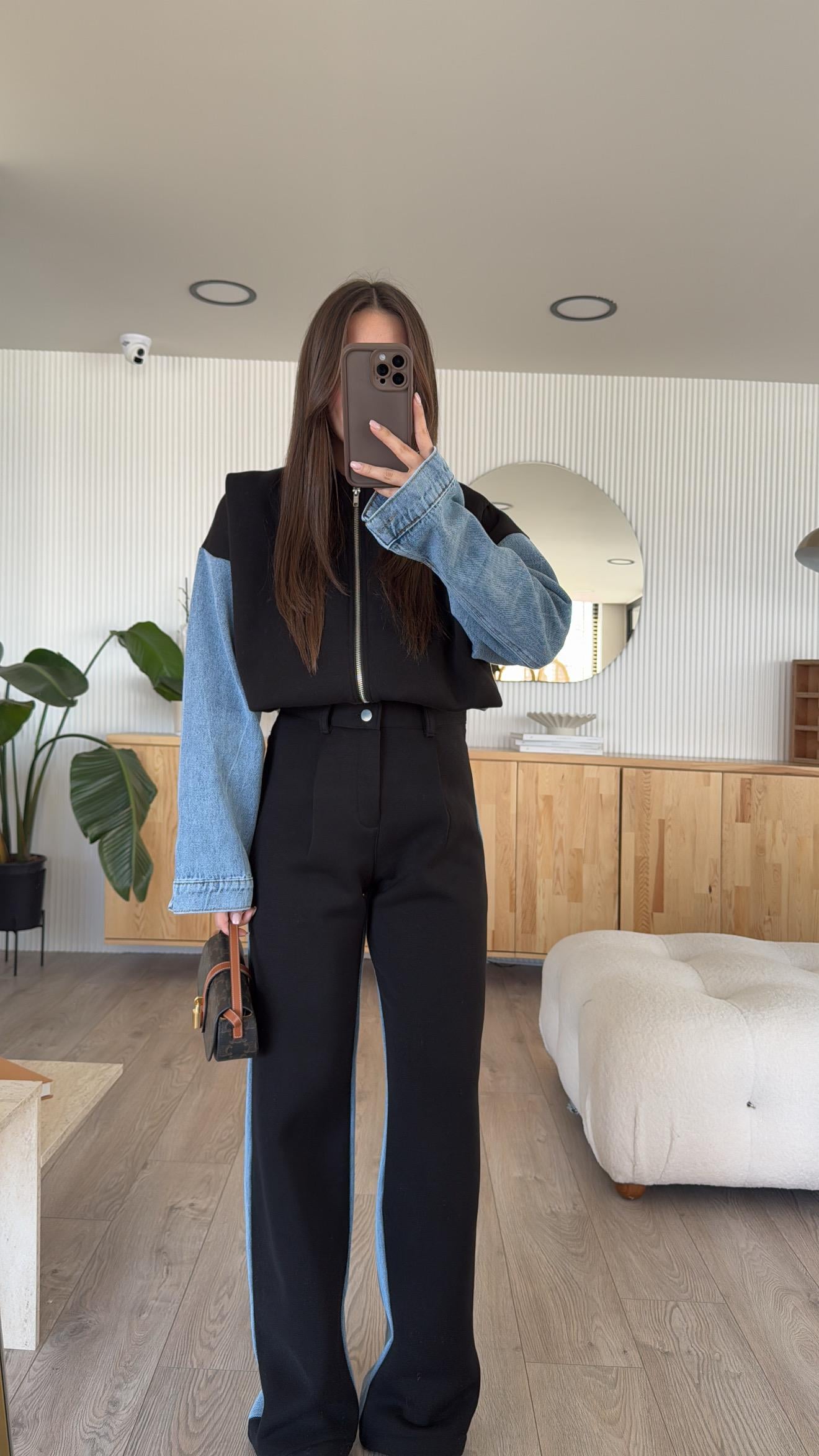 Siyah Ön Fermuarlı Garnili Denim Takım 