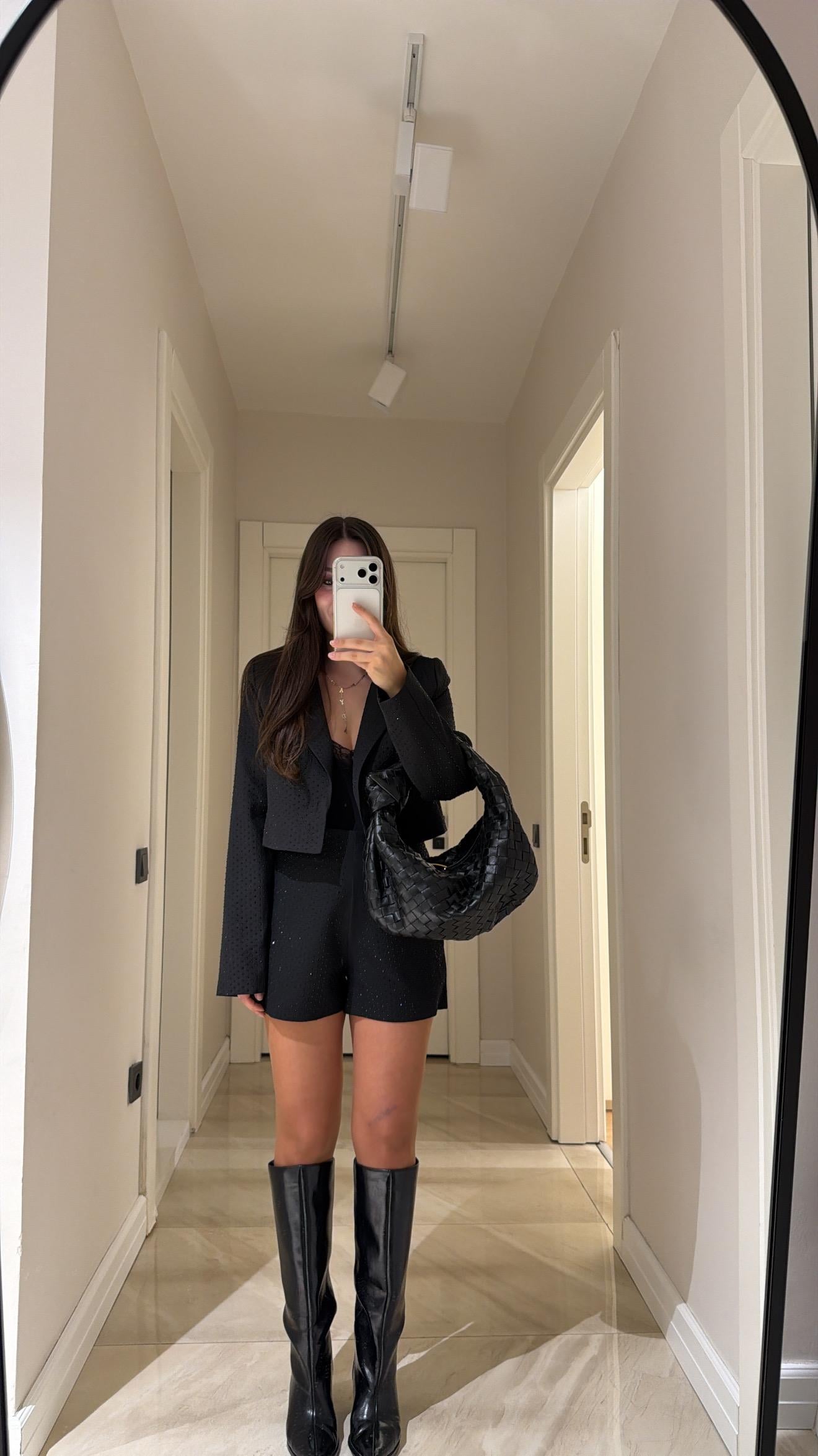 Siyah Taşlı Ceket Şort Takım