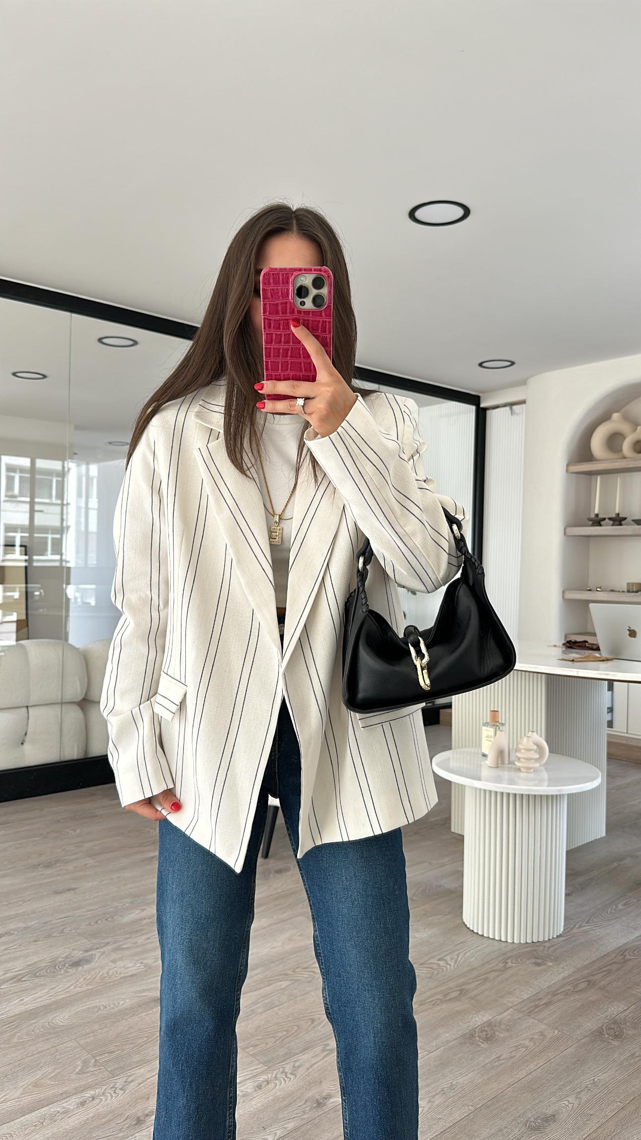 Taş Gri Çizgili Keten Blazer Ceket