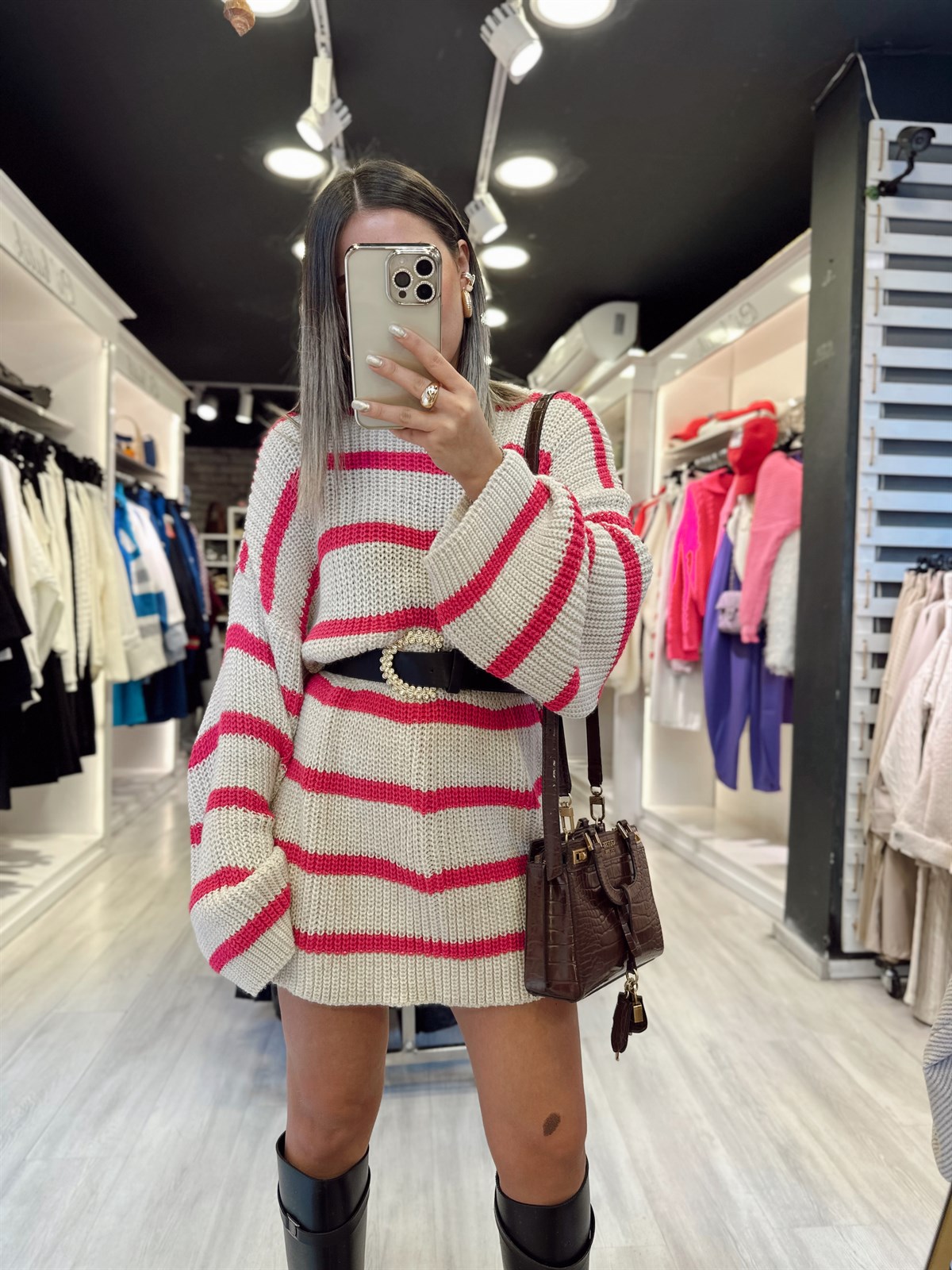 Taş Pembe Çizgili Oversize Kazak Elbise 