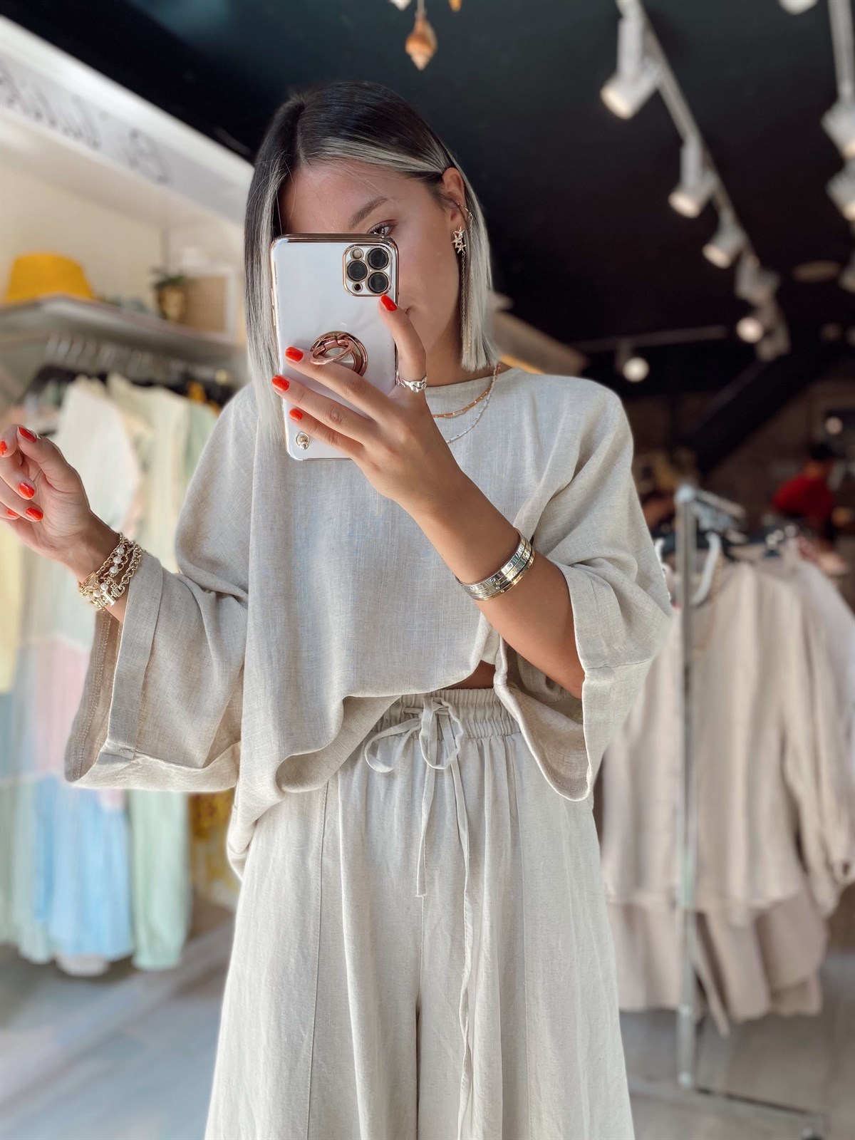 Taş Rengi Arkası Uzun Önü Kısa Oversize Bluz