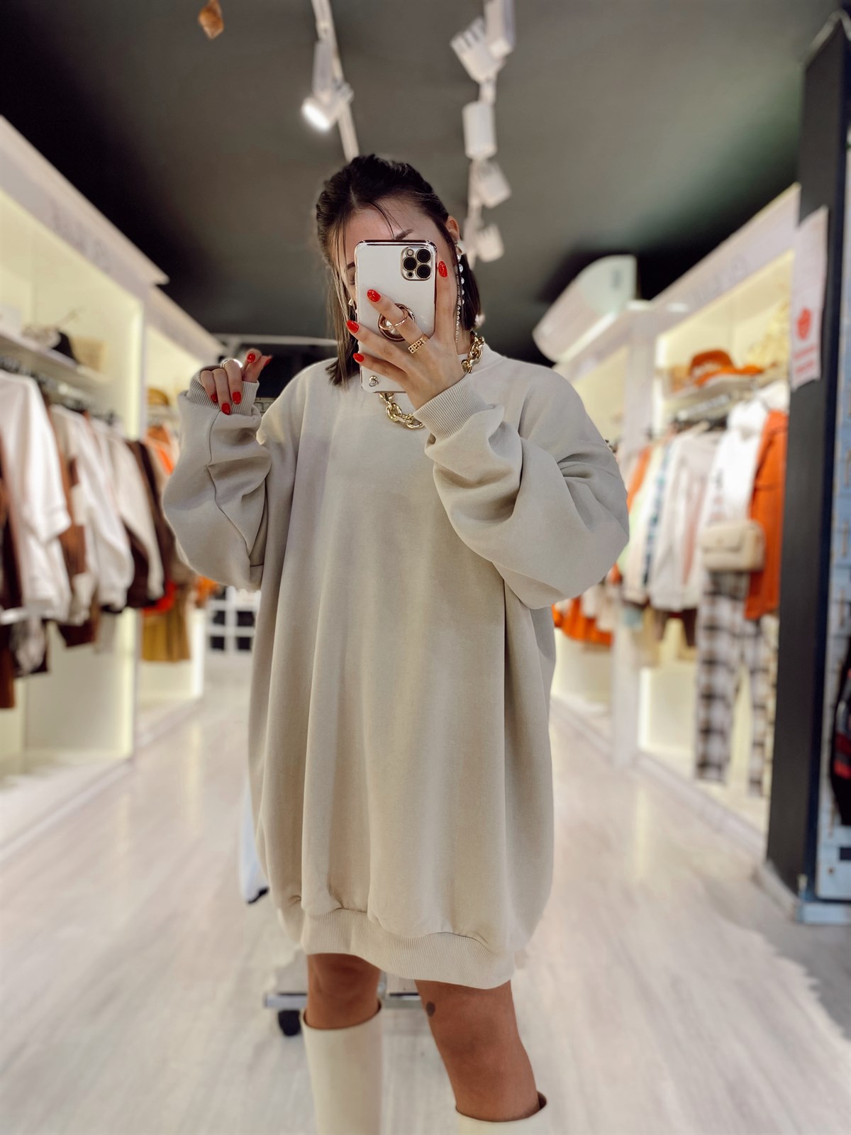 Taş Rengi Balıkçı Yaka Oversize Sweat