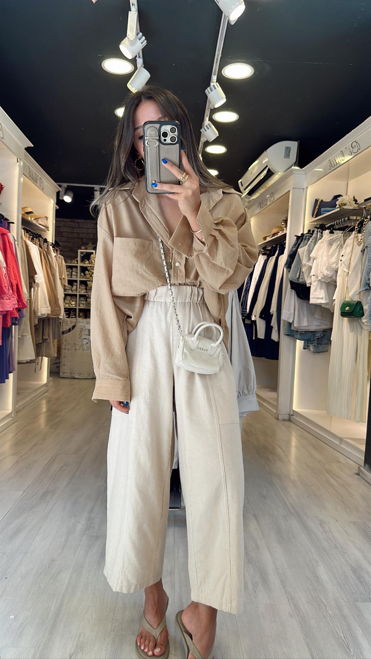 Taş Renk Beli Lastikli Marka Model Bol Paça Keten Pantolon
