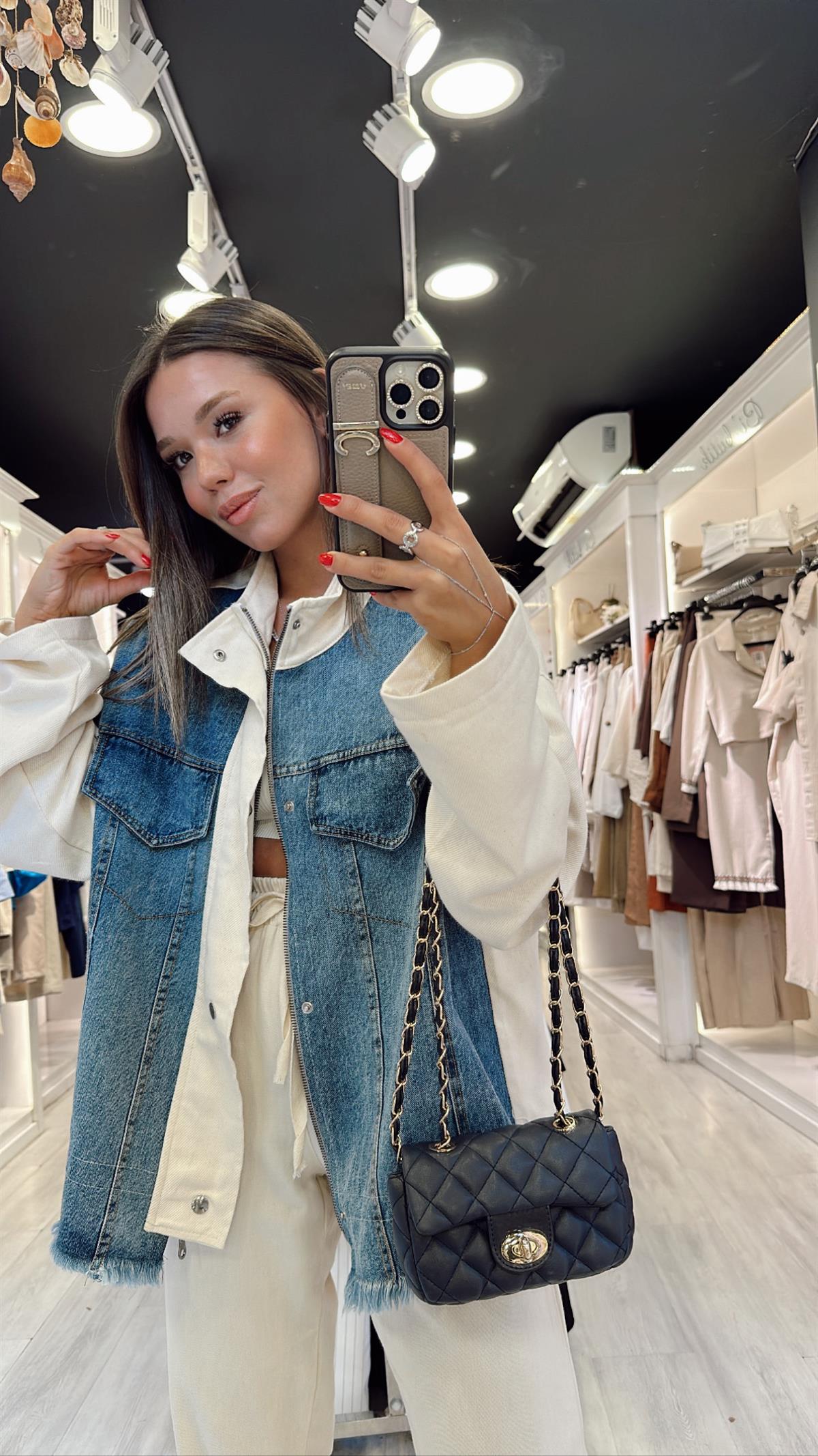 Taş Renk Jean Detaylı Fermuarlı Ceket 