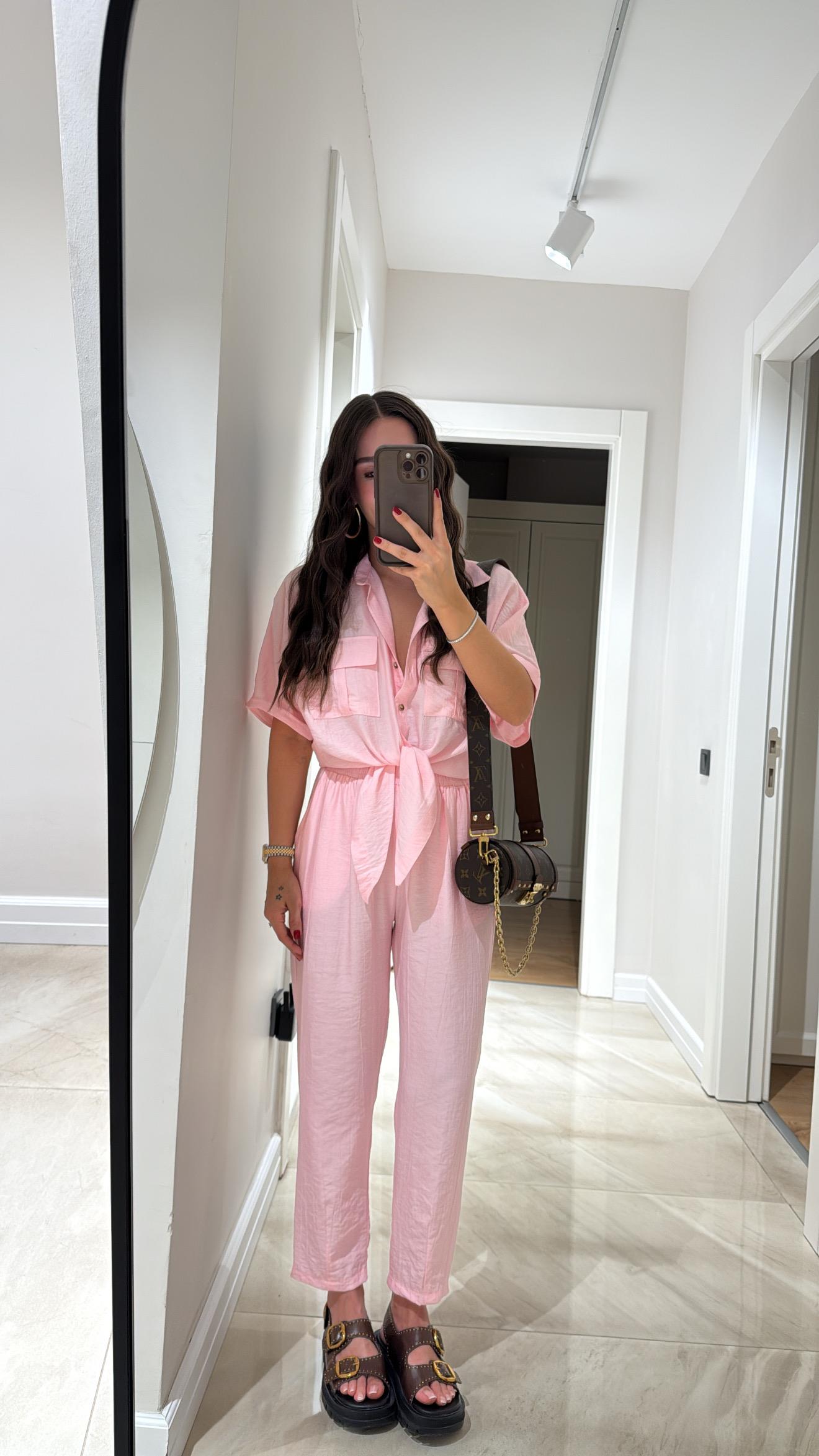 Toz Pembe Renk Paça Pens Detaylı Pantolon