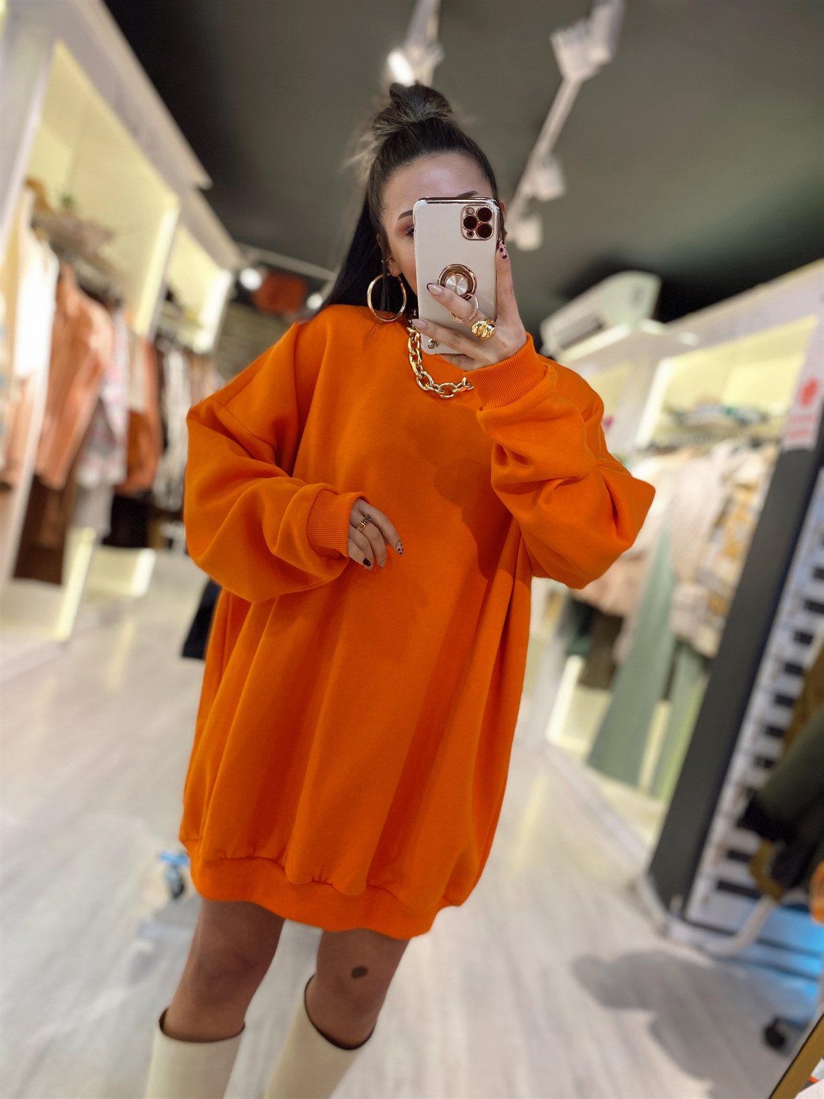 Turuncu Balıkçı Yaka Oversize Sweat