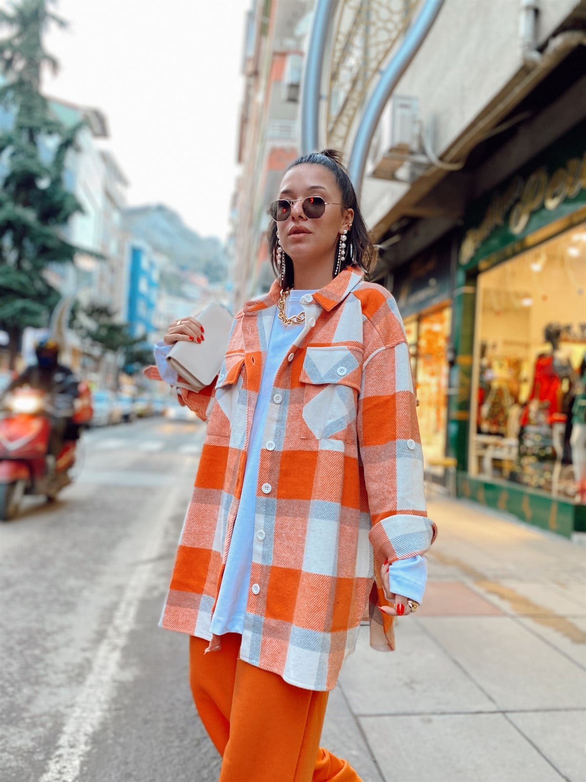 Turuncu Ekru Ekose Detaylı Ceket/Gömlek